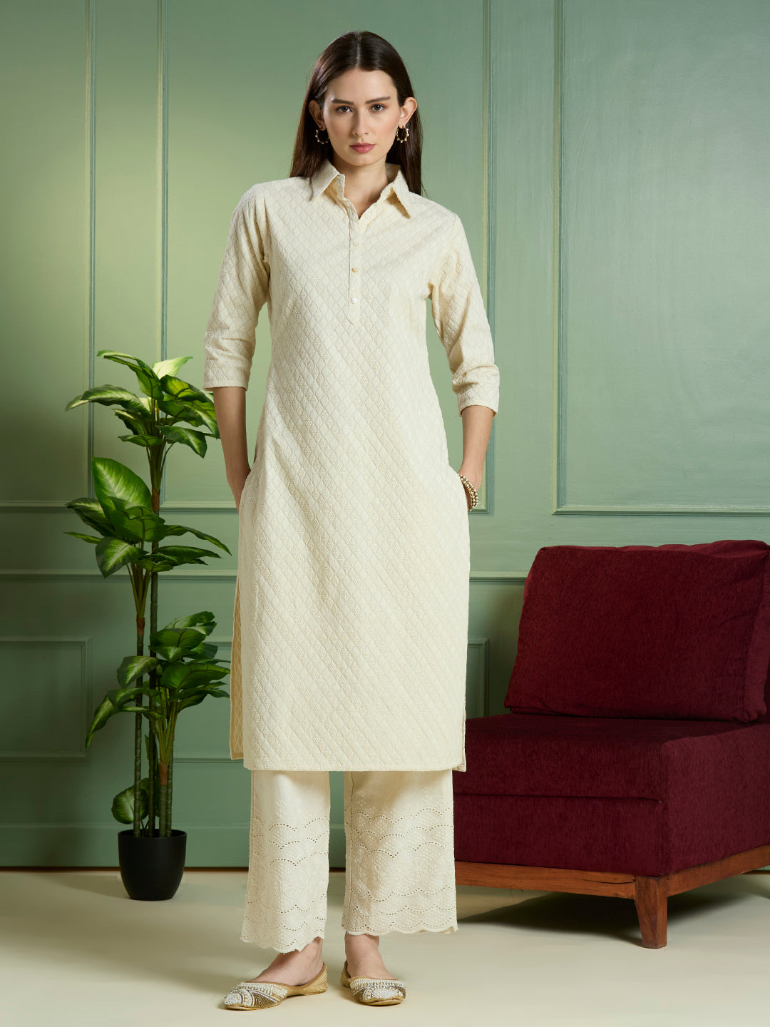Solid Ethnic Embodied Straight Fit Kurta with Palazzo - Off White