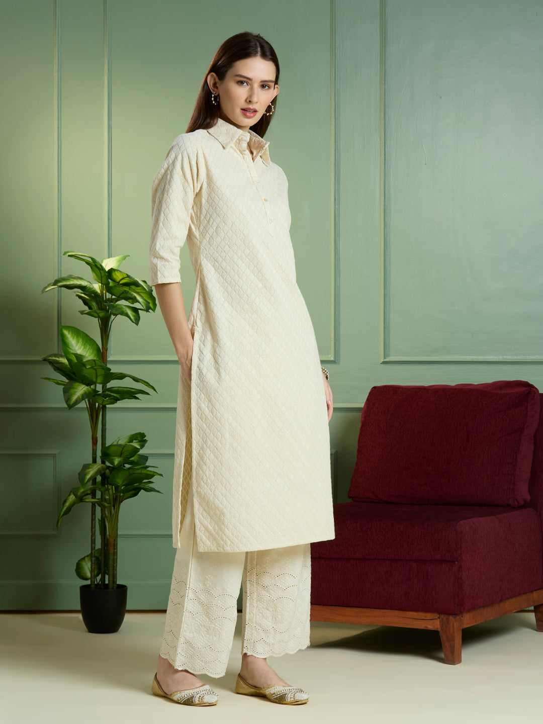 Solid Ethnic Embodied Straight Fit Kurta with Palazzo - Off White
