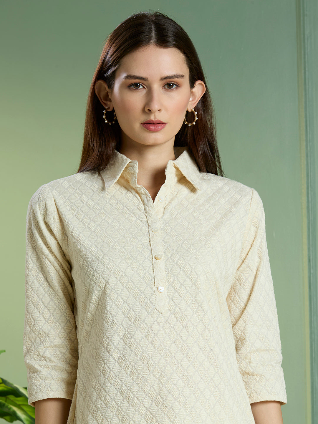 Solid Ethnic Embodied Straight Fit Kurta with Palazzo - Off White
