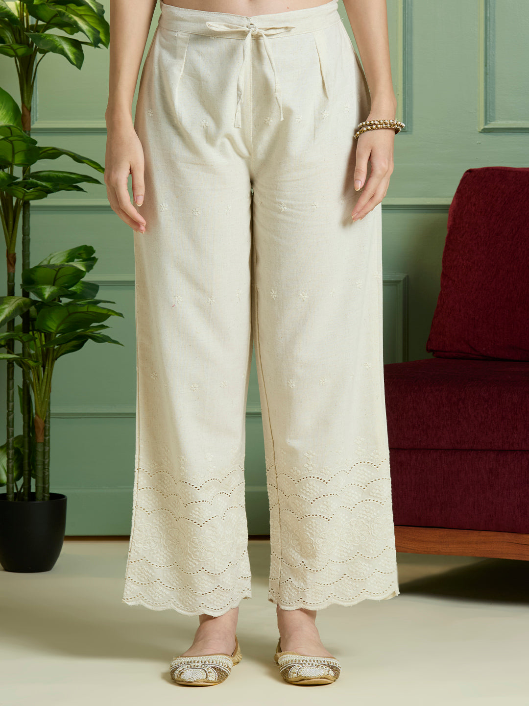 Solid Ethnic Embodied Straight Fit Kurta with Palazzo - Off White