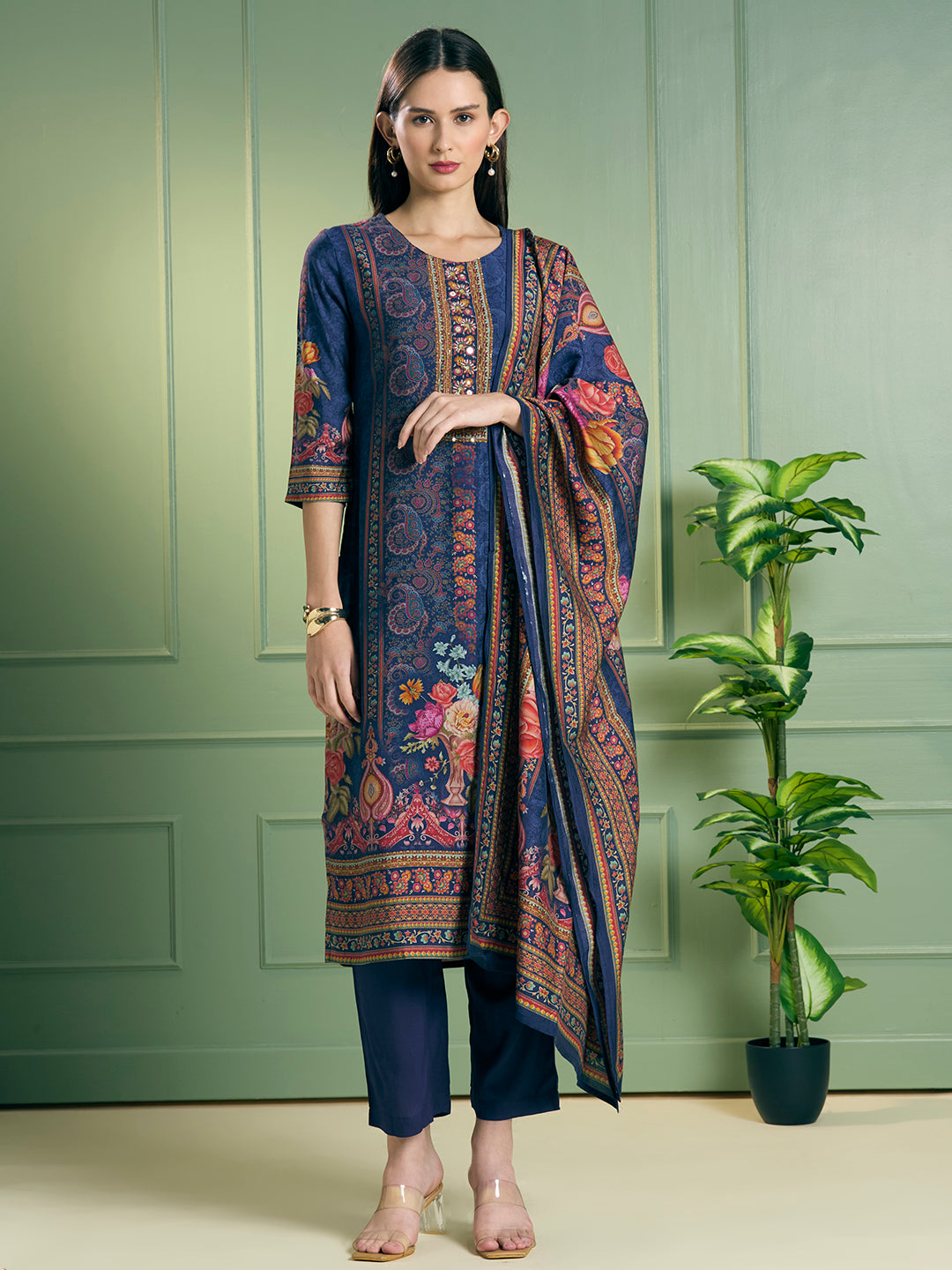 Ethnic Floral Printed Embroidered Straight Kurta with Pant & Dupatta - Blue
