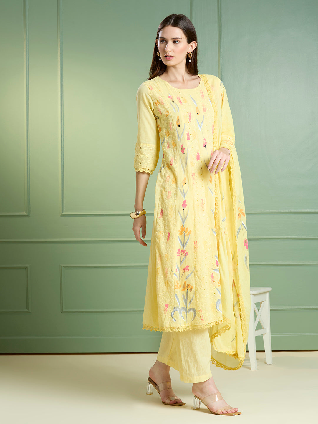Floral Hand Painted Anarkali Kurta with Pant & Dupatta - Yellow