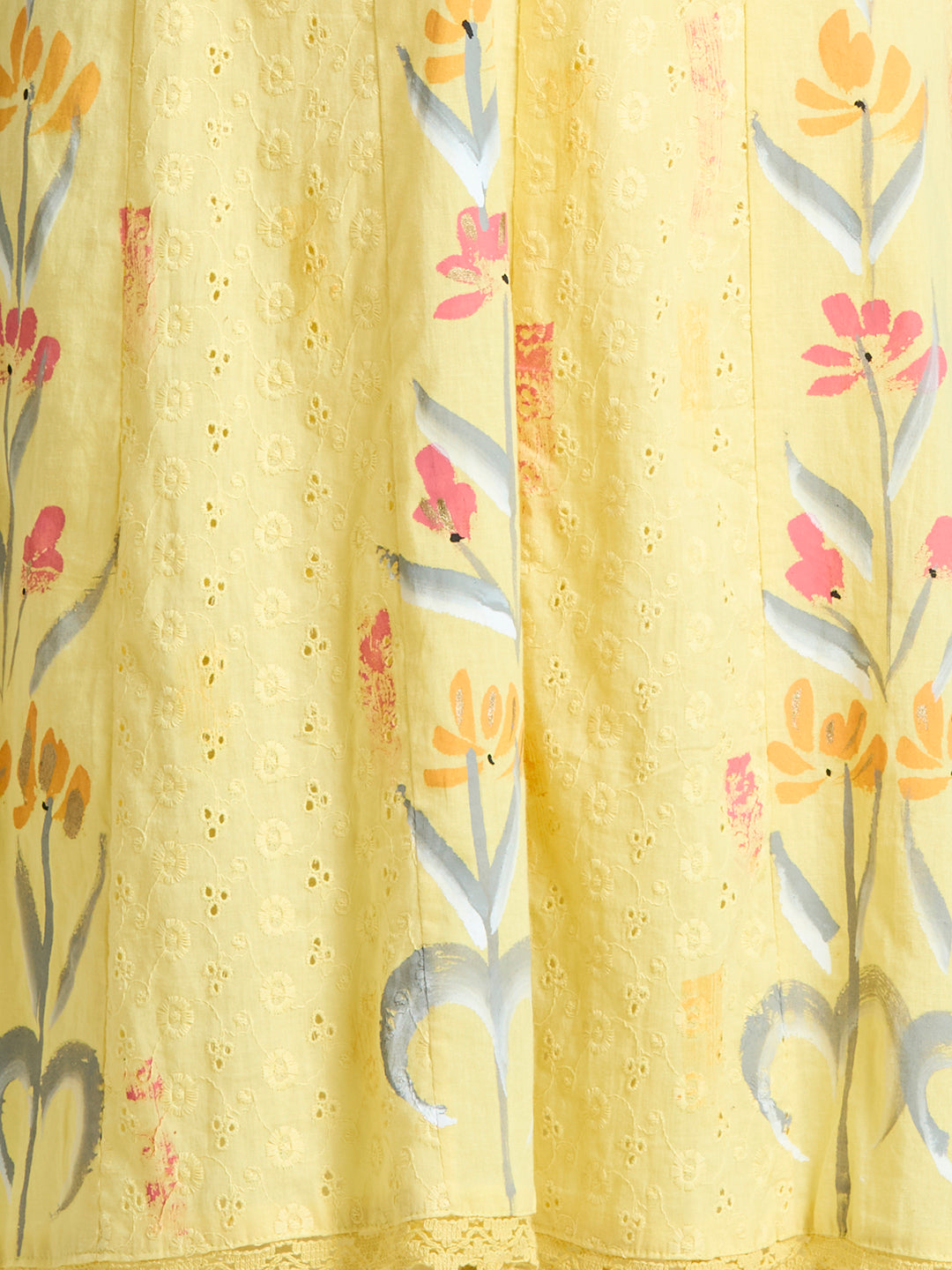 Floral Hand Painted Anarkali Kurta with Pant & Dupatta - Yellow