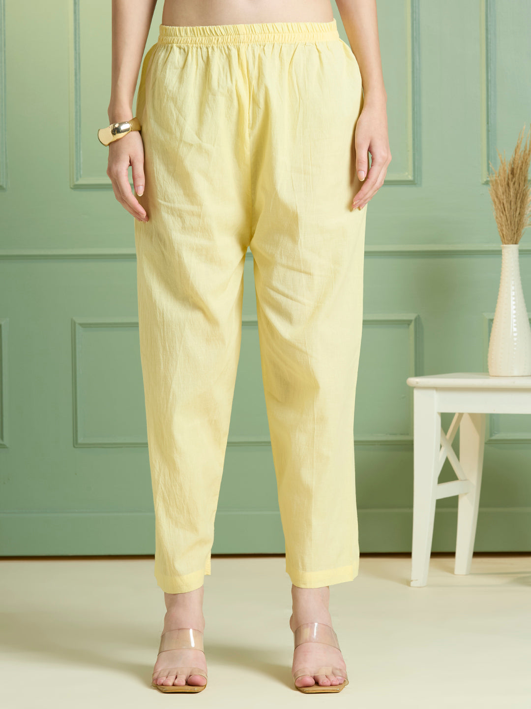 Floral Hand Painted Anarkali Kurta with Pant & Dupatta - Yellow