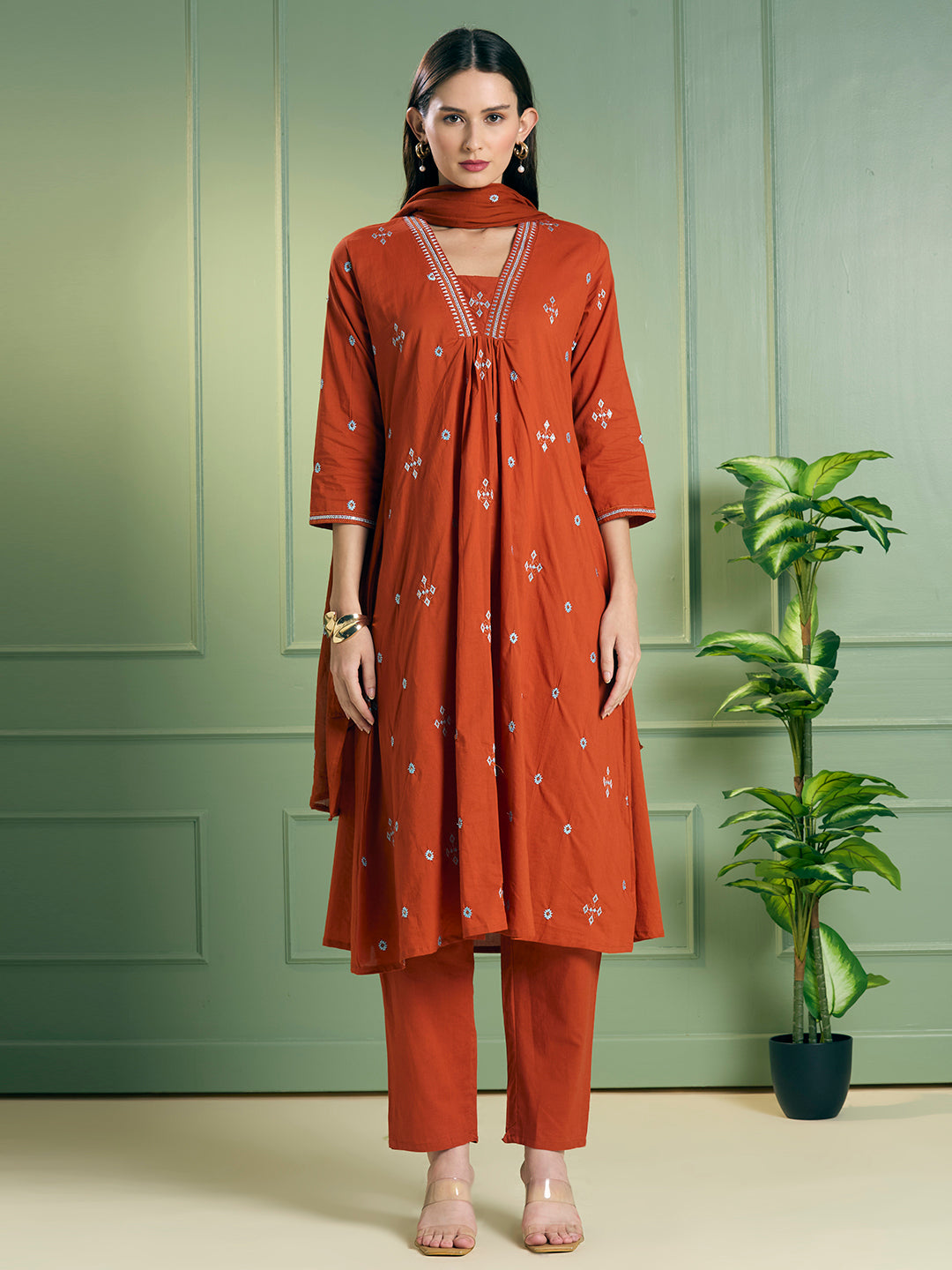 Solid Ethnic Embroidered A-Line Kurta with Pant & Dupatta - Rust