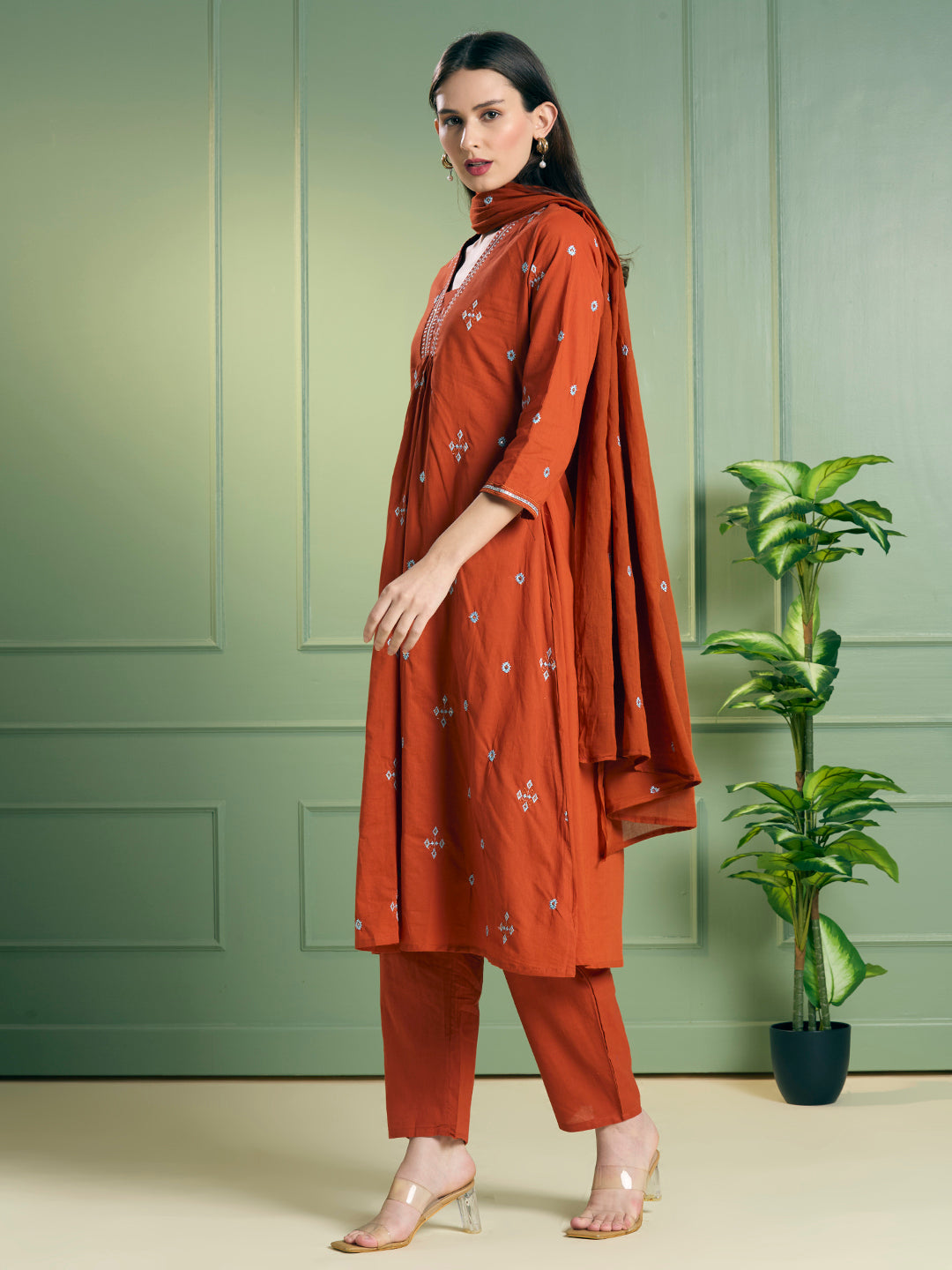 Solid Ethnic Embroidered A-Line Kurta with Pant & Dupatta - Rust