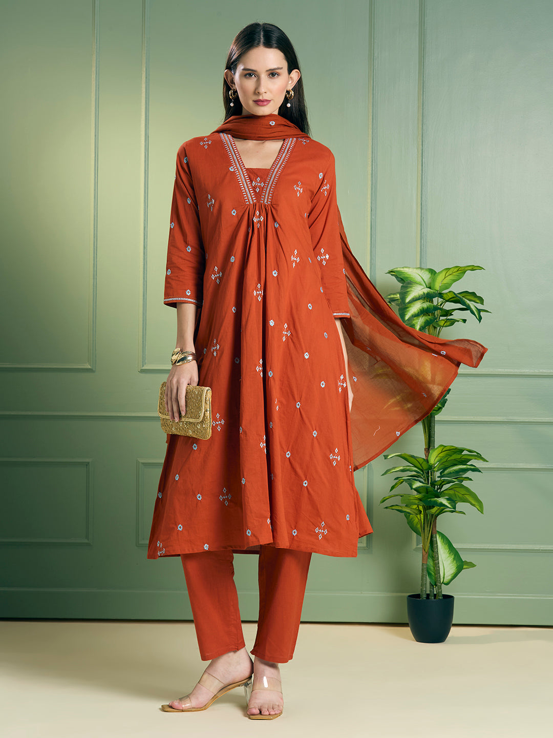 Solid Ethnic Embroidered A-Line Kurta with Pant & Dupatta - Rust