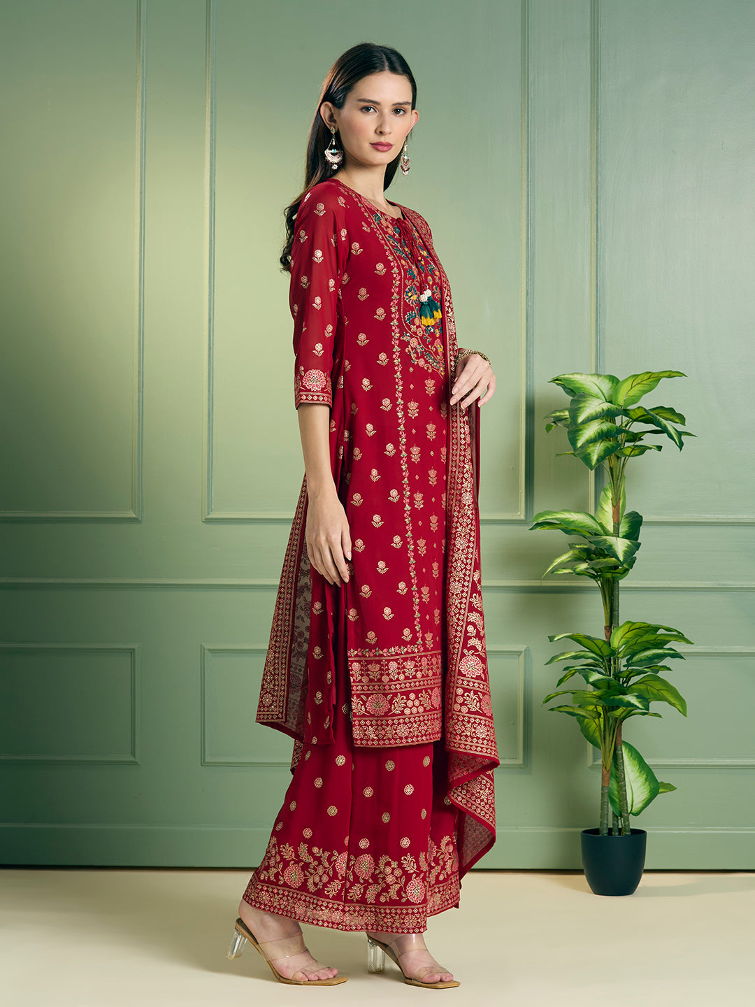 Festive Ethnic Printed Embroidered Straight Kurta with Palazzo and Dupatta - Red