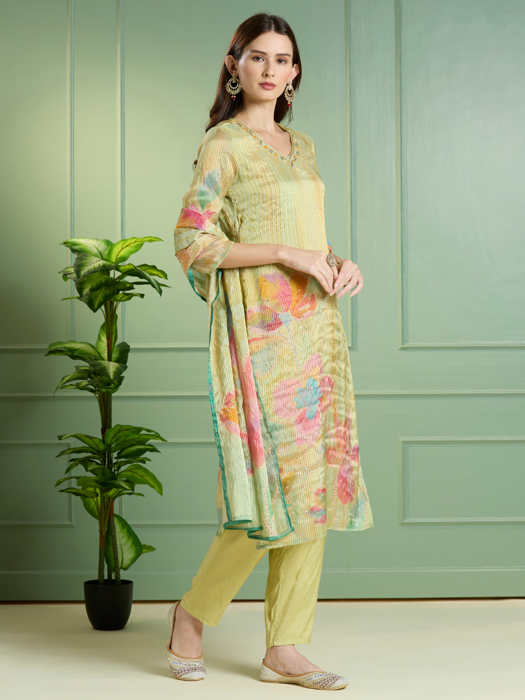 Festive Floral Printed Embroidered Tissue Kurta with Pant & Dupatta - Green