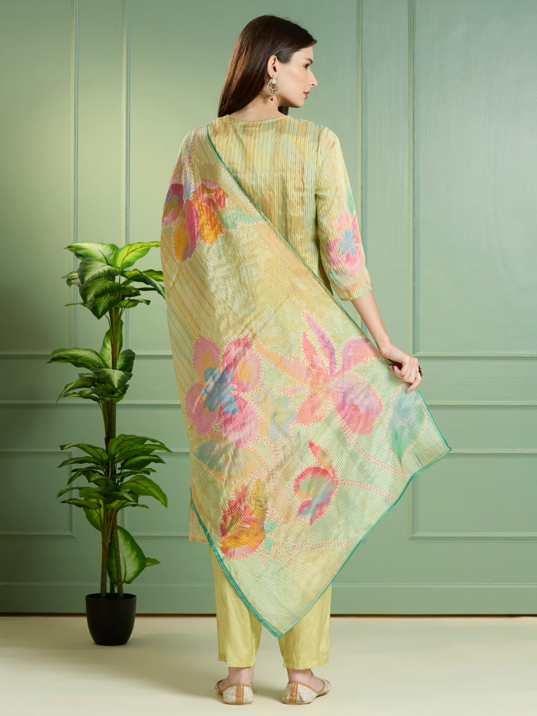 Festive Floral Printed Embroidered Tissue Kurta with Pant & Dupatta - Green