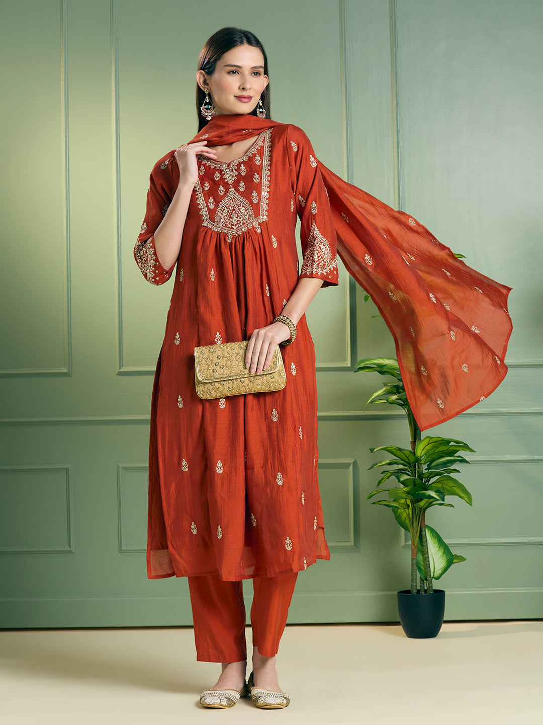 Festive Solid Sequin Embroidered A-Line Paneled Kurta with Pant and Dupatta - Rust