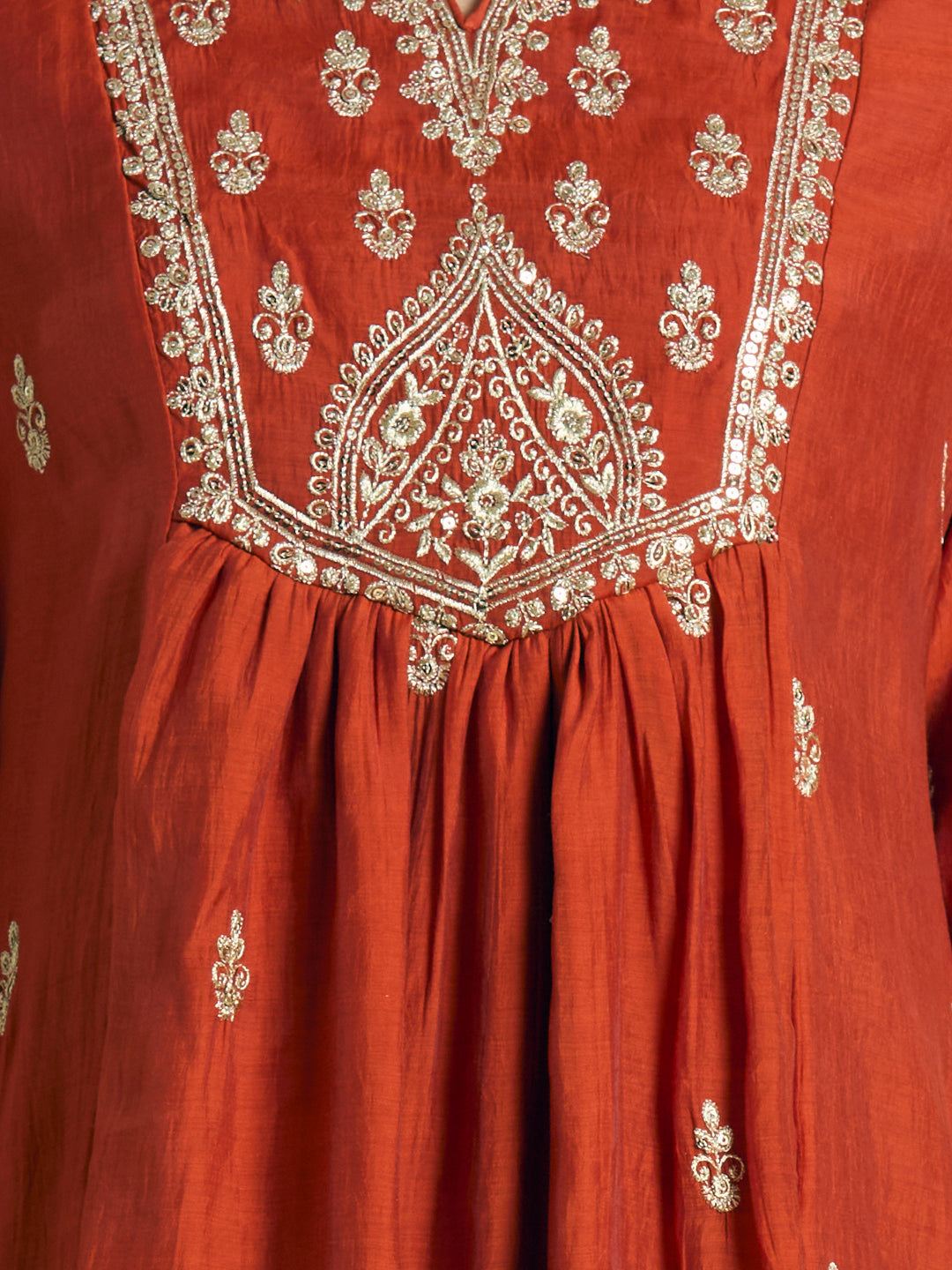 Festive Solid Sequin Embroidered A-Line Paneled Kurta with Pant and Dupatta - Rust