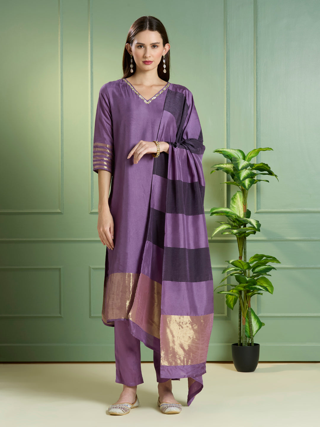 Solid Ethnic Embroidered Straight Kurta with Pant & Dupatta - Purple