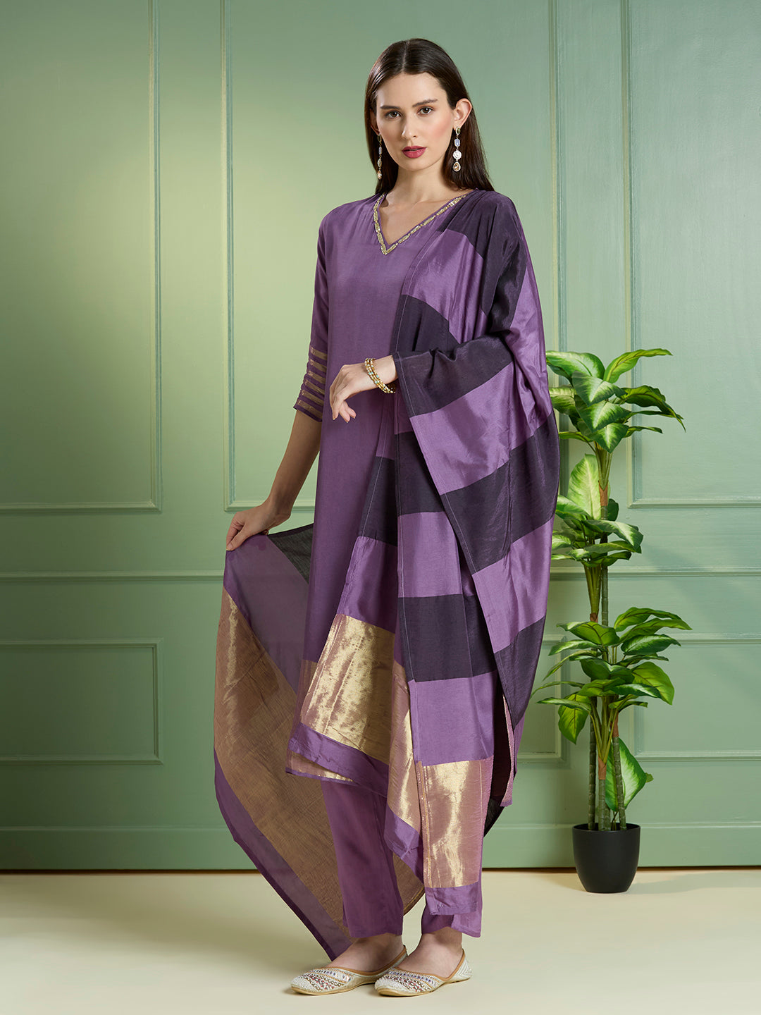 Solid Ethnic Embroidered Straight Kurta with Pant & Dupatta - Purple