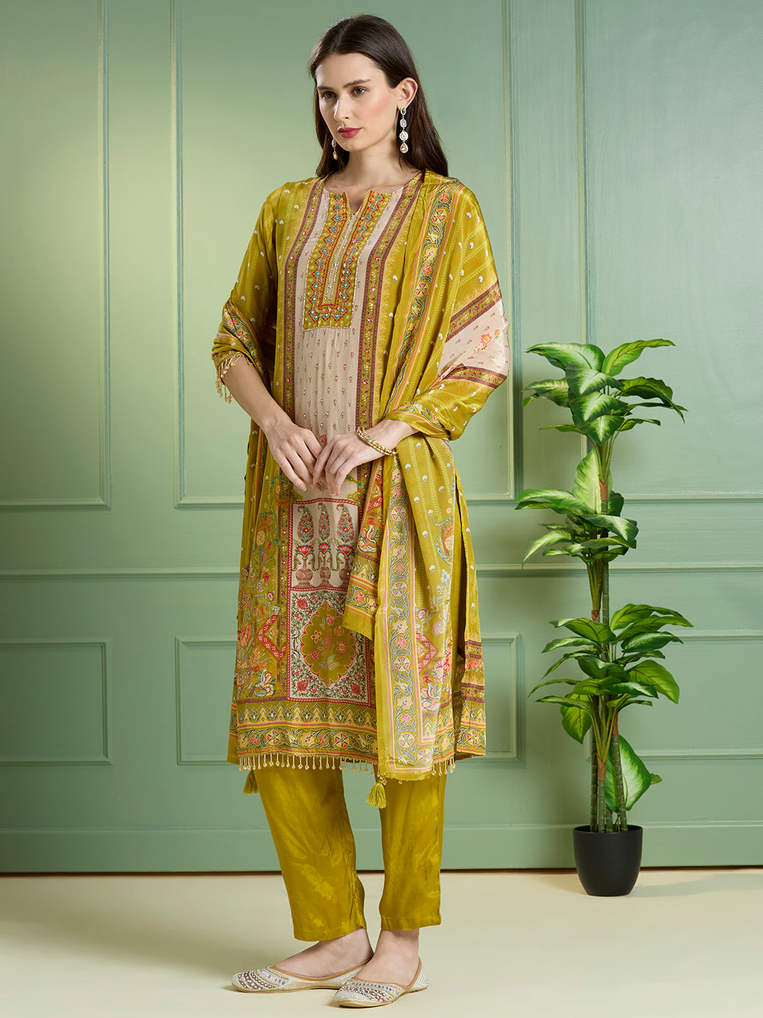 Ethnic Printed Embroidered Straight Kurta with Pant & Dupatta - Lime Green