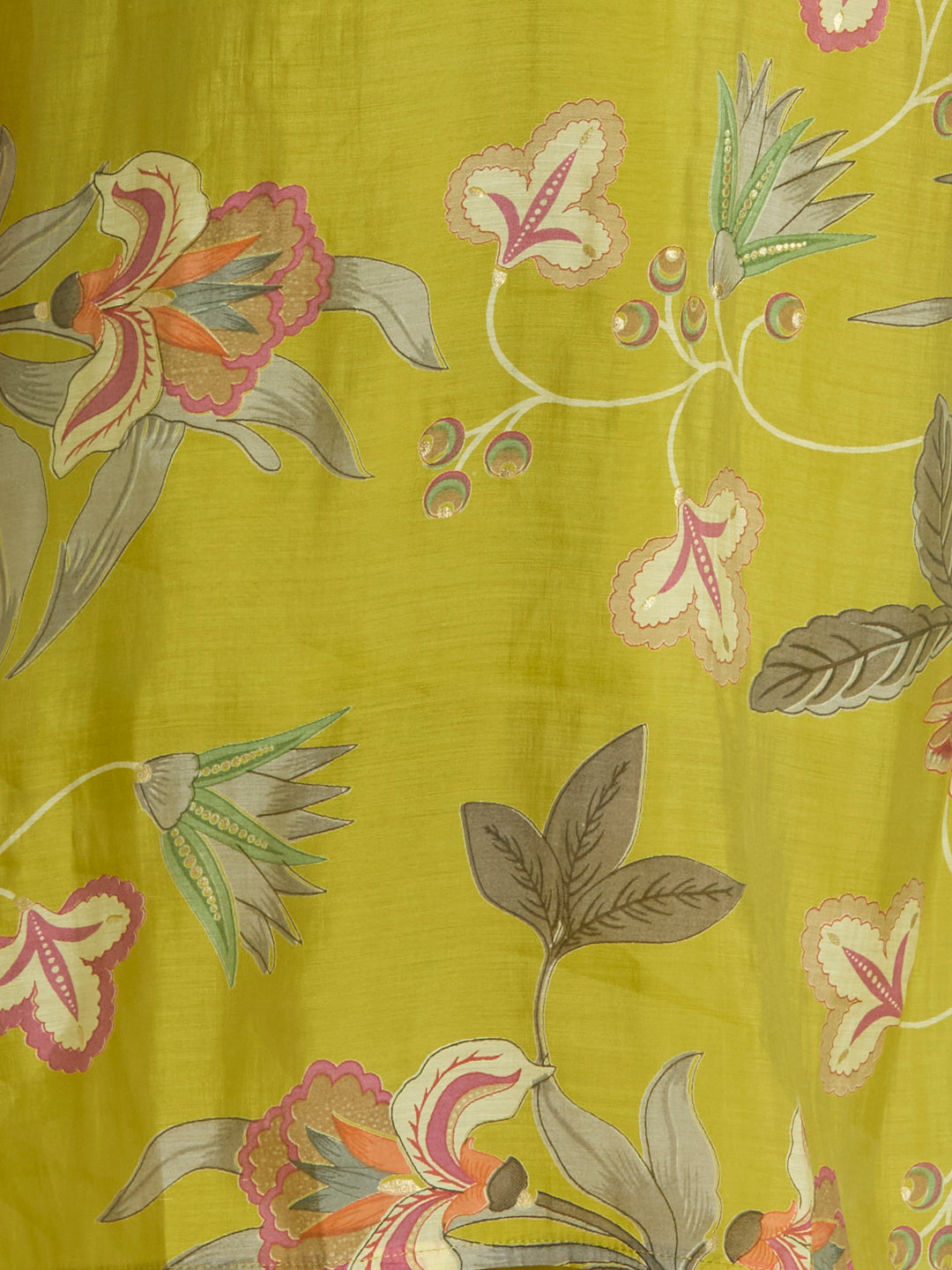 Ethnic Floral Printed Straight Fit Embroidered Kurta with Pant and Dupatta - Lime Green