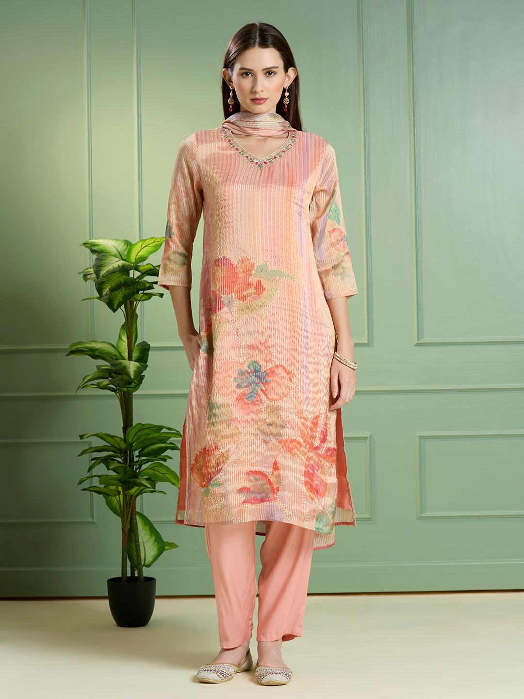 Festive Floral Printed Embroidered Tissue Kurta with Pant & Dupatta - Pink