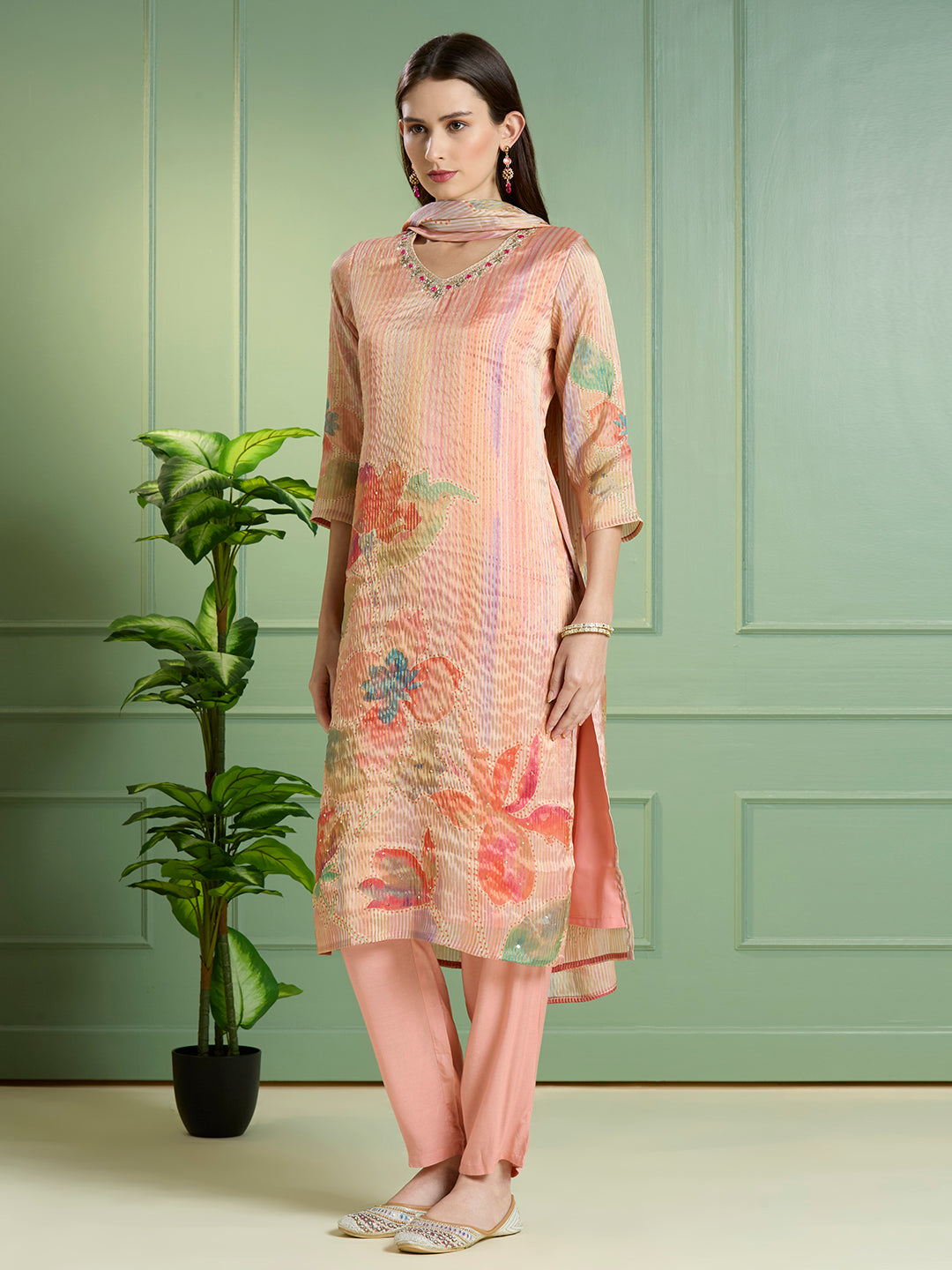 Festive Floral Printed Embroidered Tissue Kurta with Pant & Dupatta - Pink