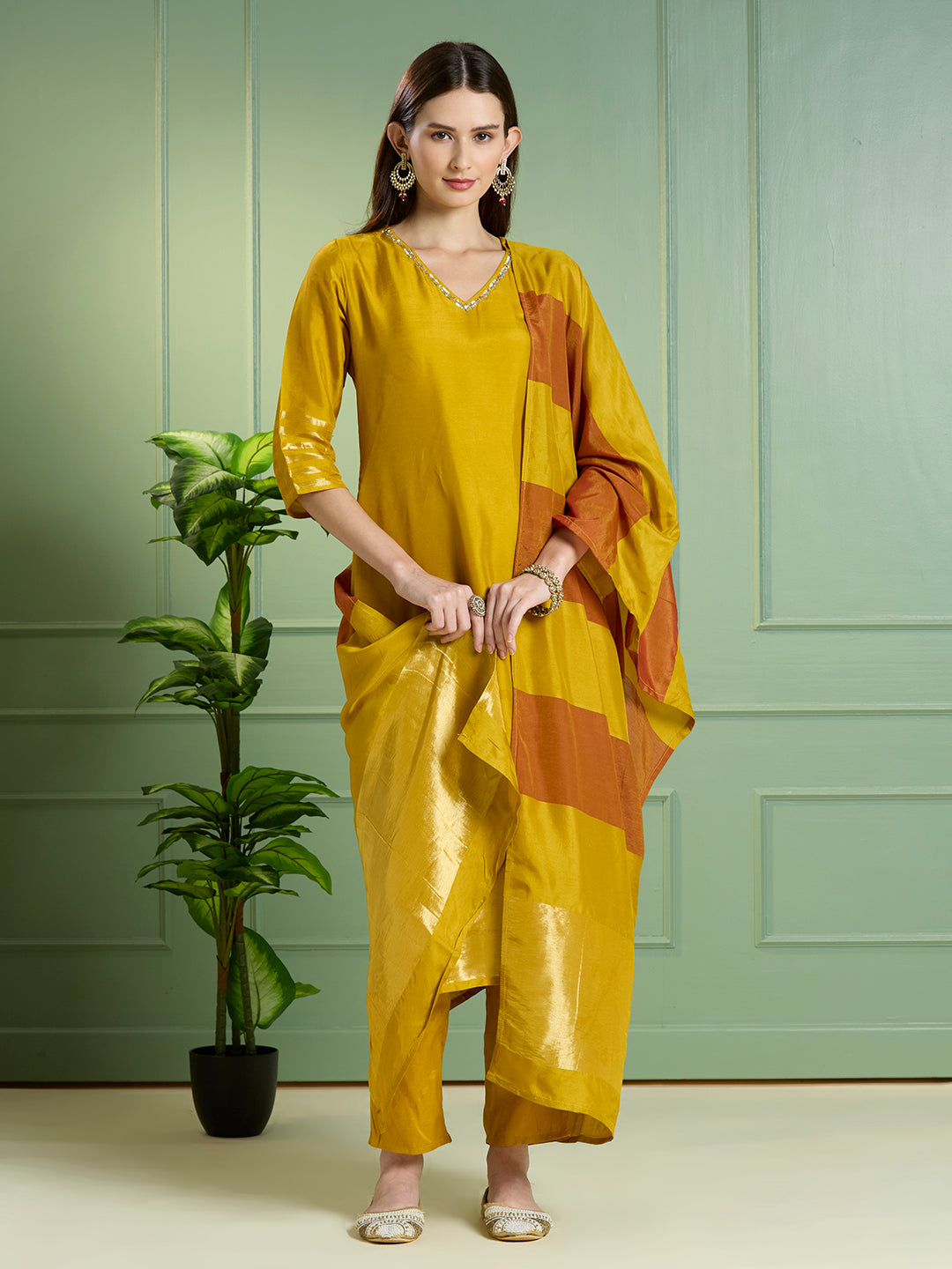 Solid Ethnic Embroidered Straight Kurta with Pant & Dupatta - Yellow