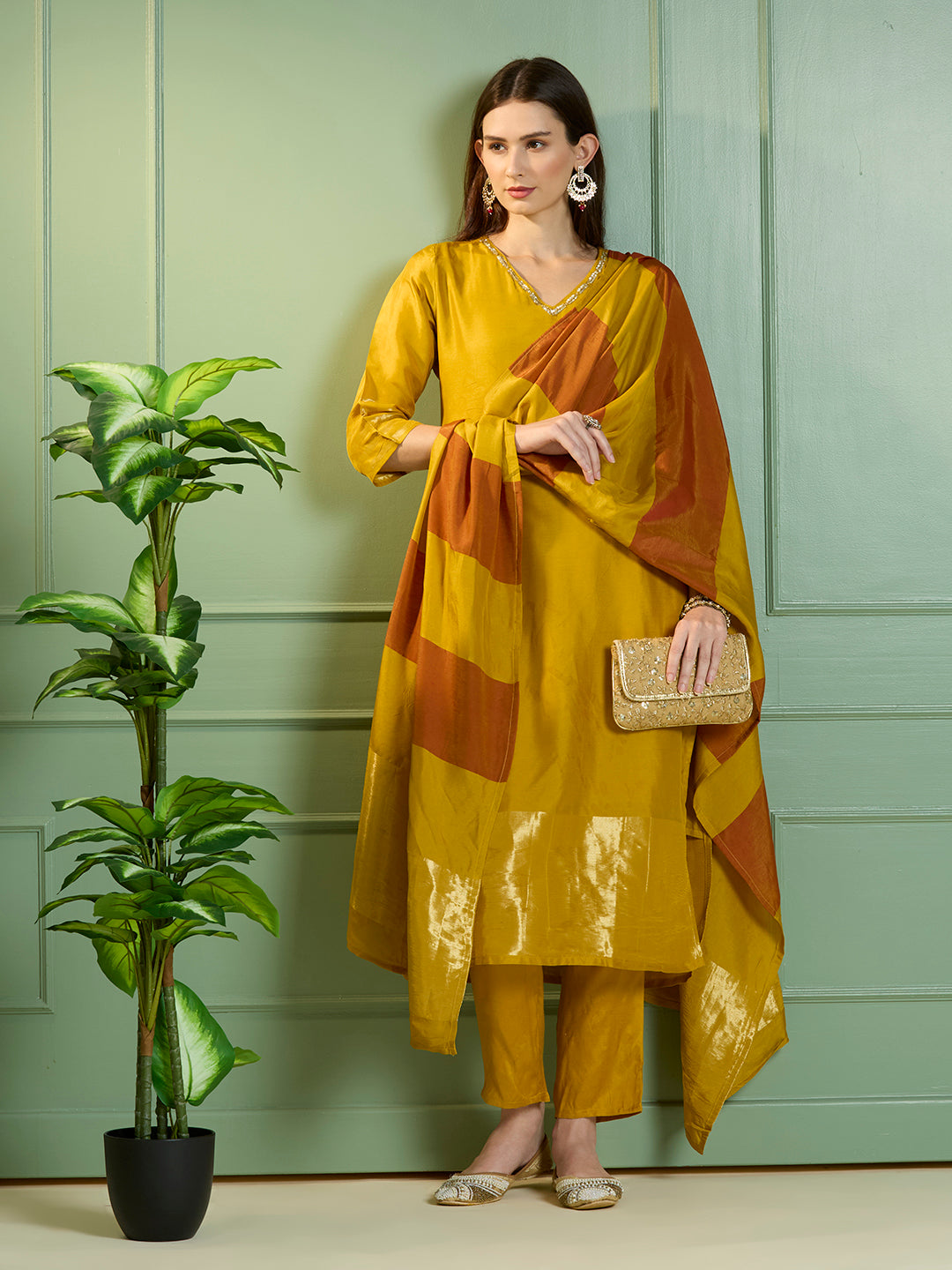 Solid Ethnic Embroidered Straight Kurta with Pant & Dupatta - Yellow