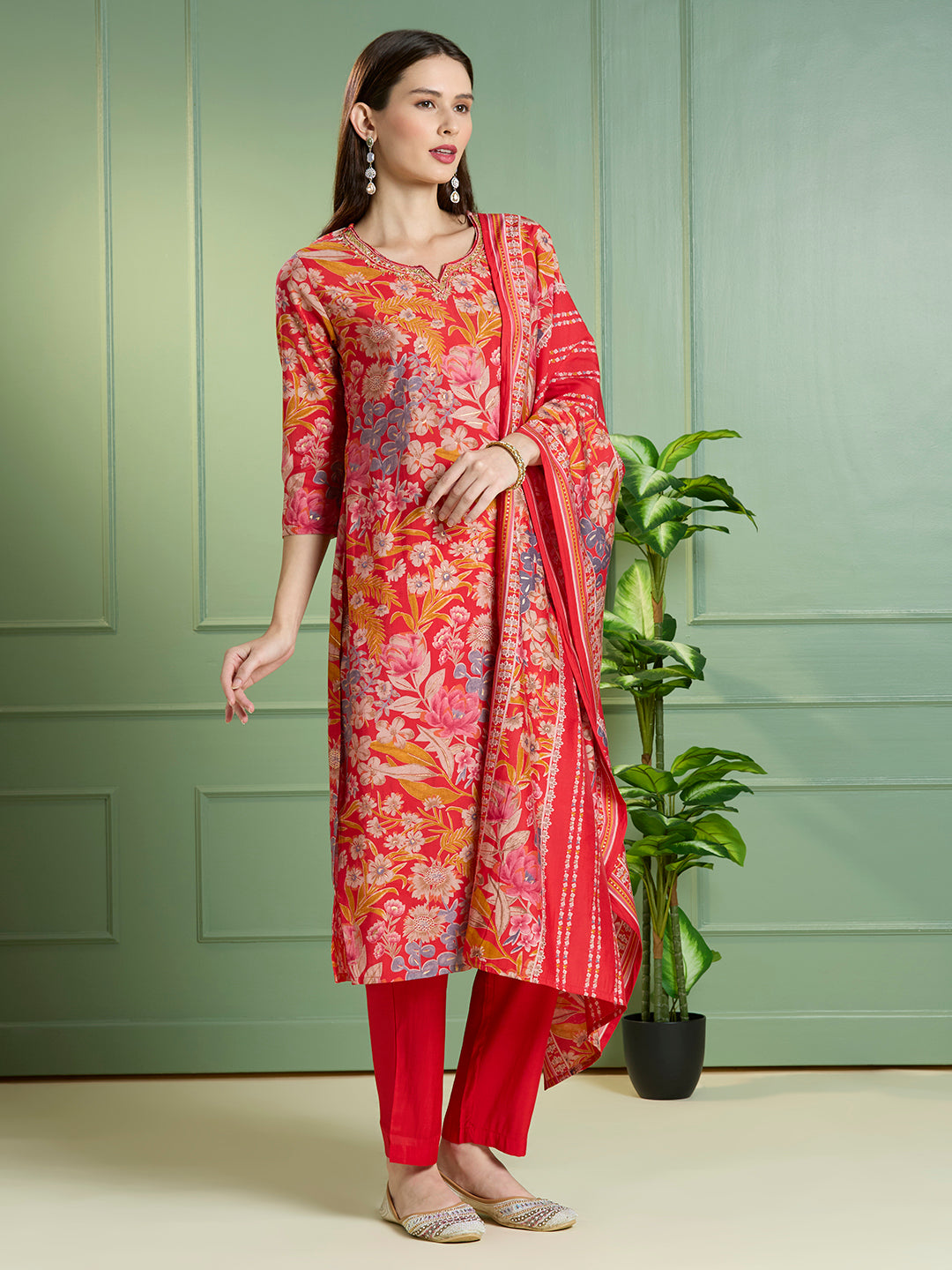 Ethnic Floral Printed Straight Kurta with Pant & Dupatta - Red