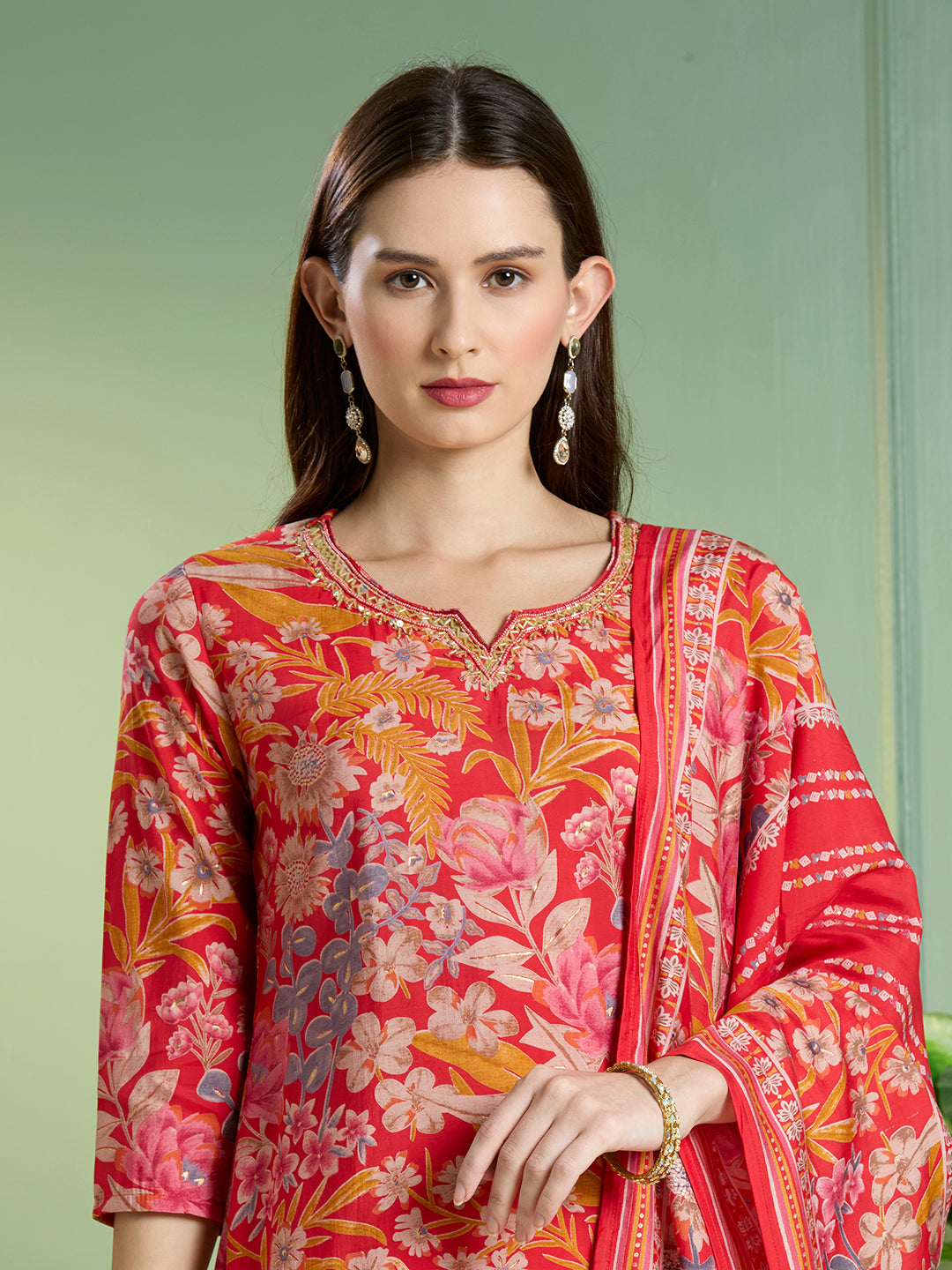 Ethnic Floral Printed Straight Kurta with Pant & Dupatta - Red