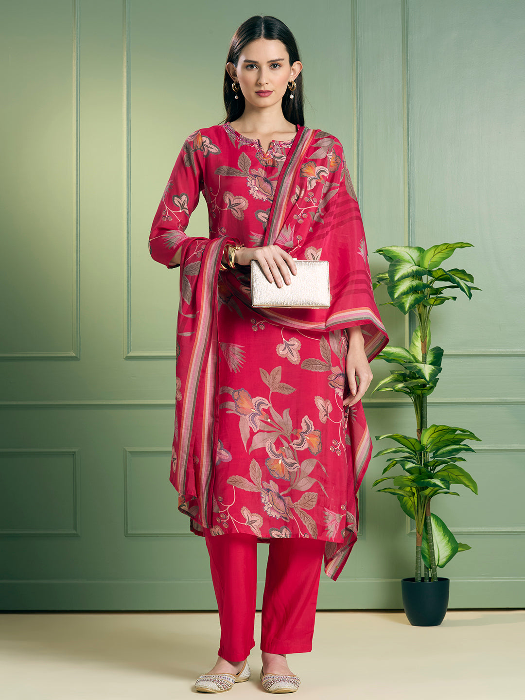 Ethnic Floral Printed Straight Fit Embroidered Kurta with Pant and Dupatta - Pink