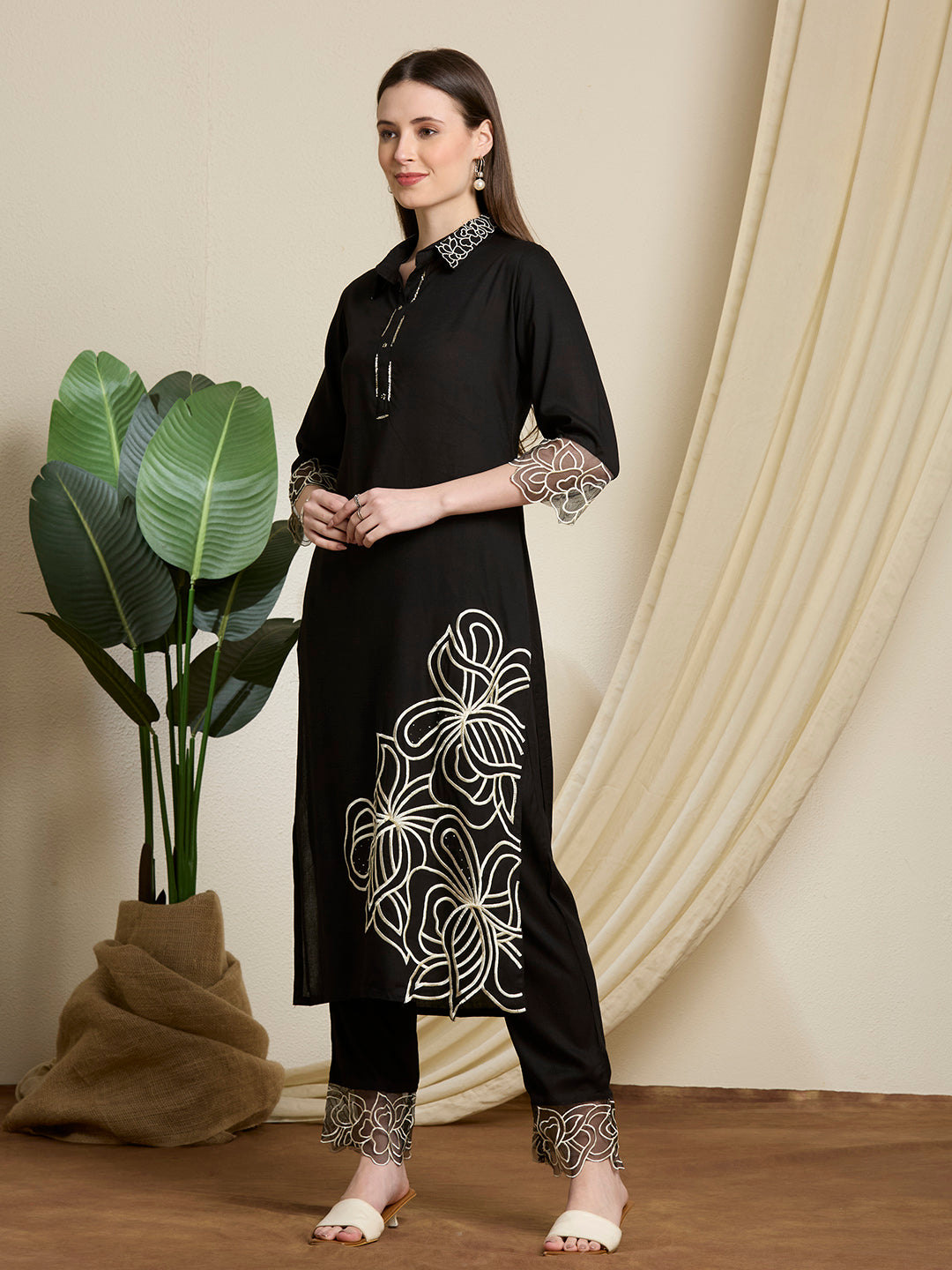 Abstract Floral Embroidered Straight Fit Co-ord Set - Black