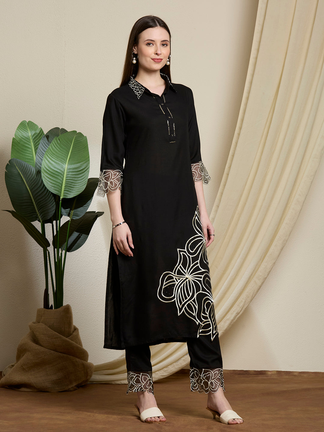 Abstract Floral Embroidered Straight Fit Co-ord Set - Black