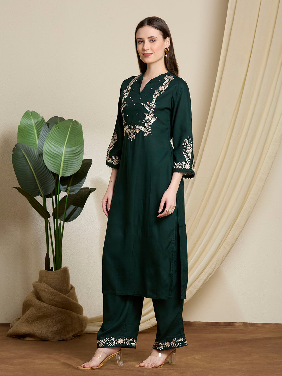 Floral Threadwork Embroidered Straight Fit Co-ord Set - Green