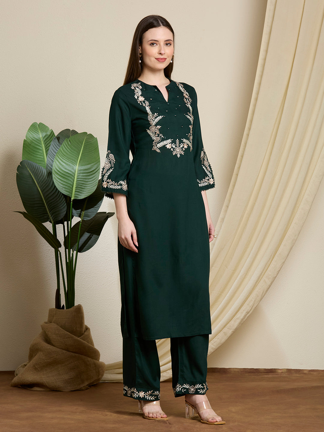 Floral Threadwork Embroidered Straight Fit Co-ord Set - Green