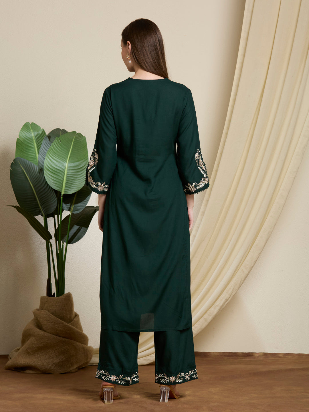 Floral Threadwork Embroidered Straight Fit Co-ord Set - Green