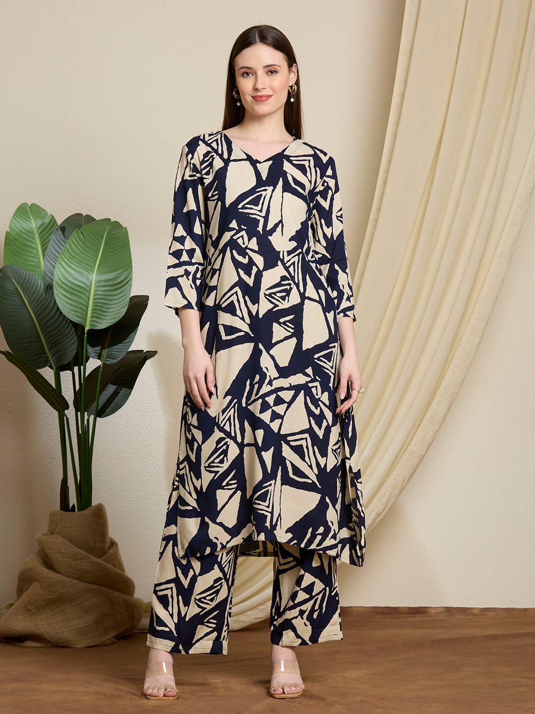 Abstract Printed Straight Fit Co-ord Set - Navy Blue