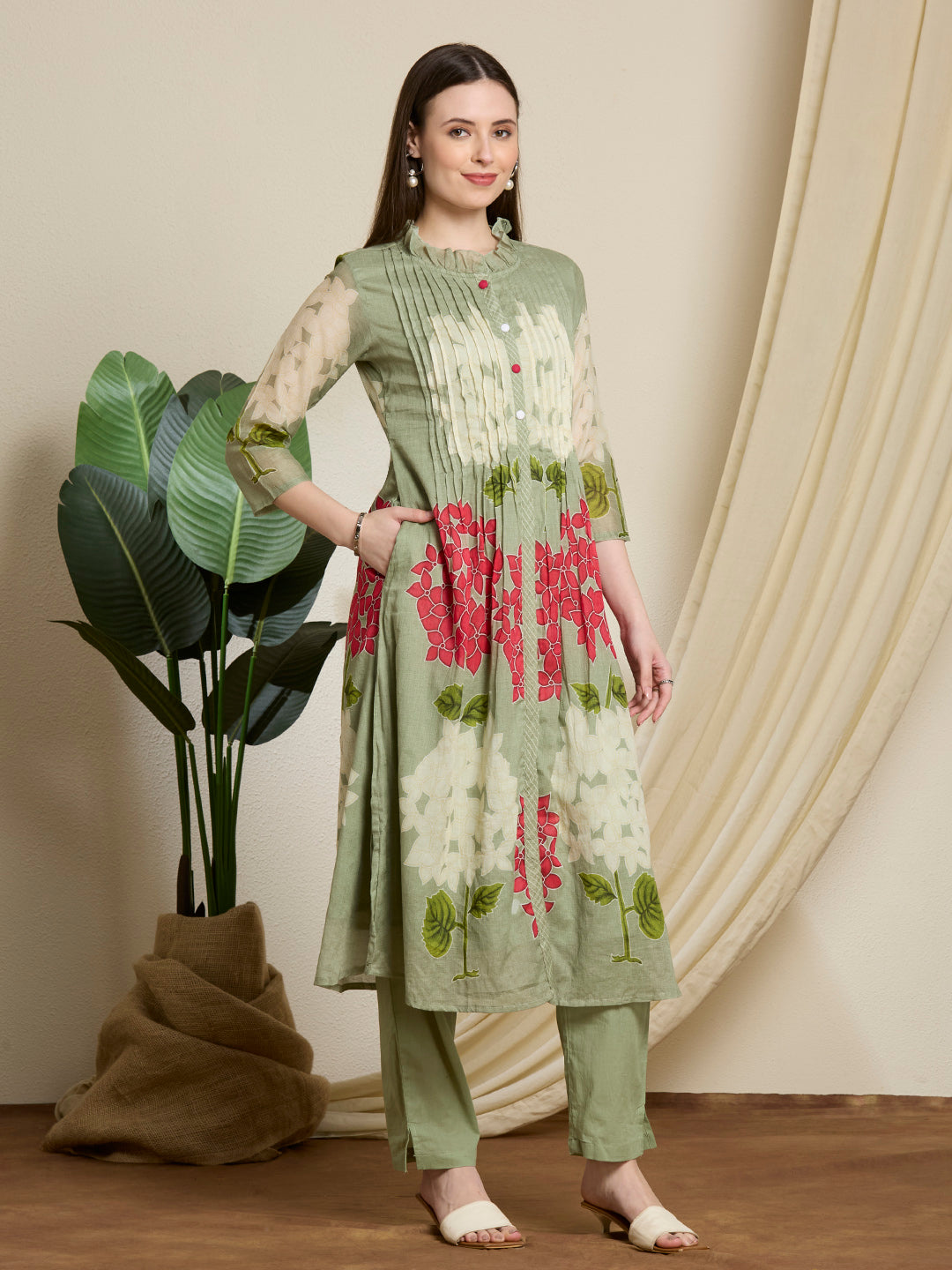 Abstract Floral Printed A-Line Pleated Kurta with Pant - Green