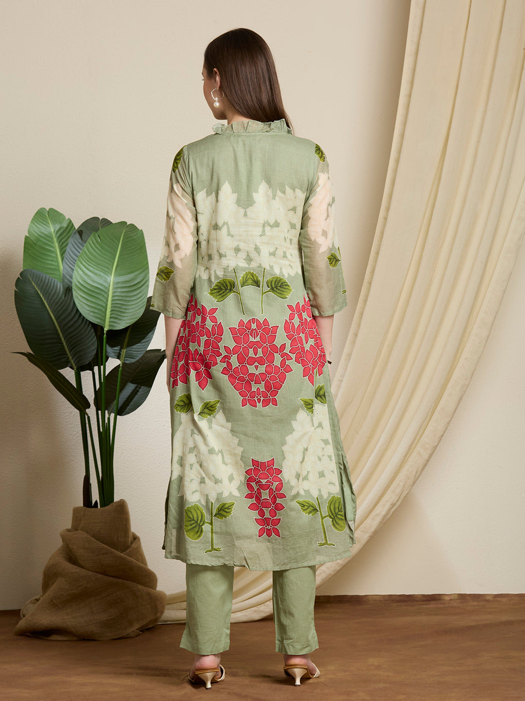Abstract Floral Printed A-Line Pleated Kurta with Pant - Green