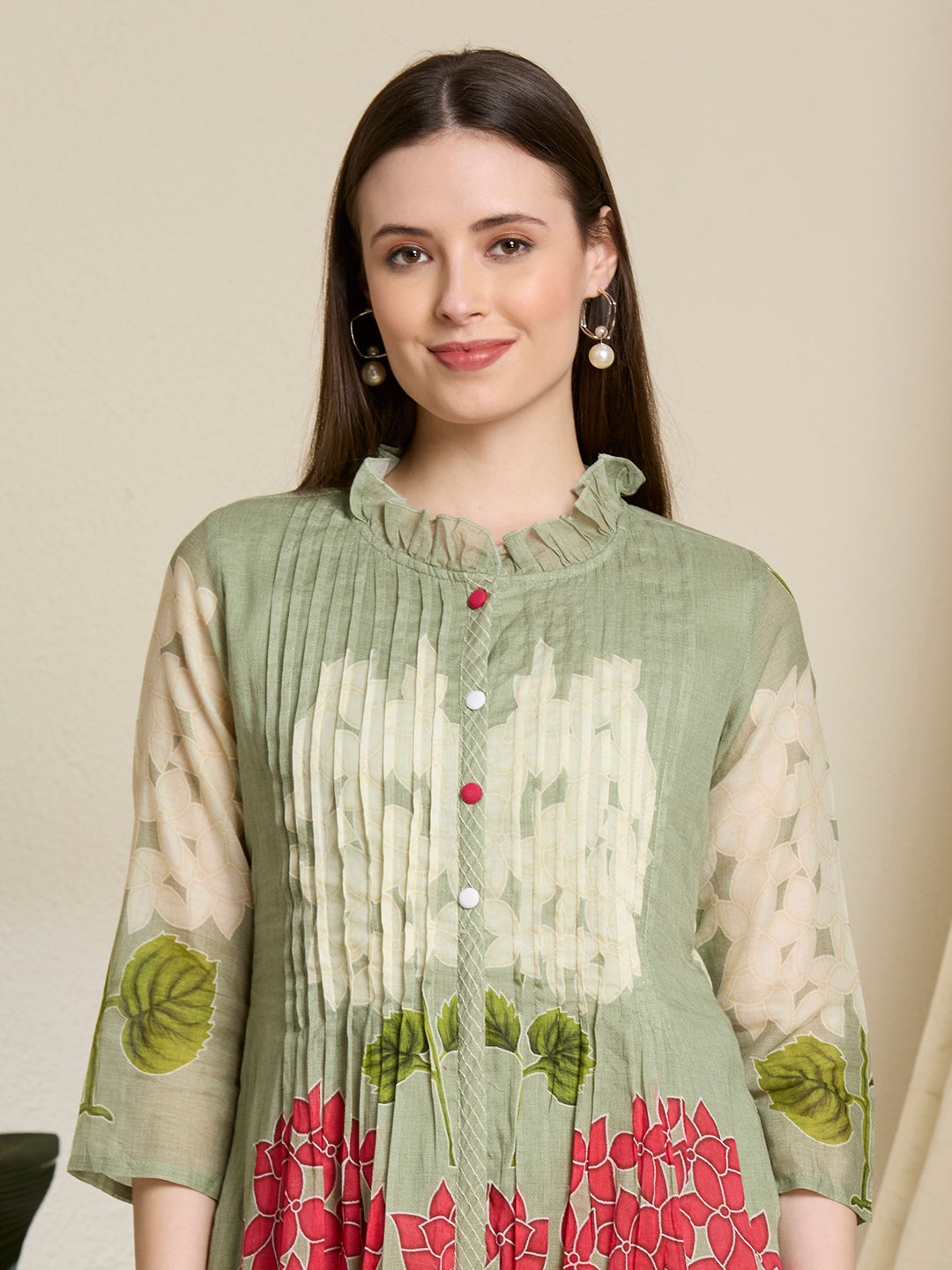 Abstract Floral Printed A-Line Pleated Kurta with Pant - Green
