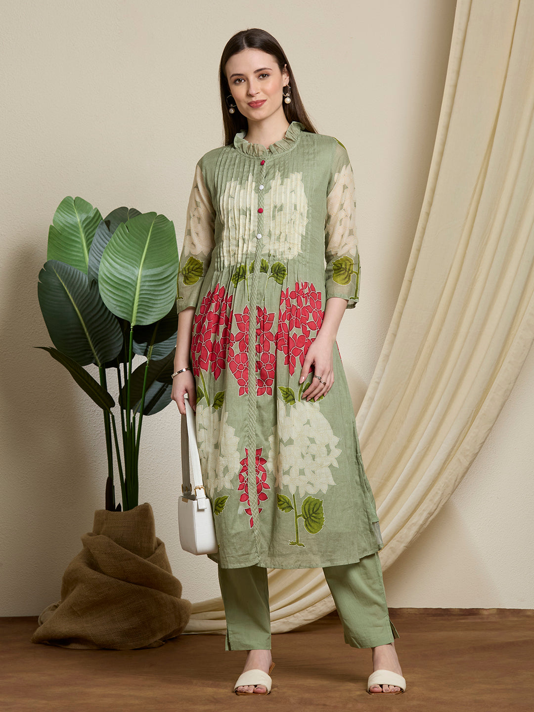 Abstract Floral Printed A-Line Pleated Kurta with Pant - Green