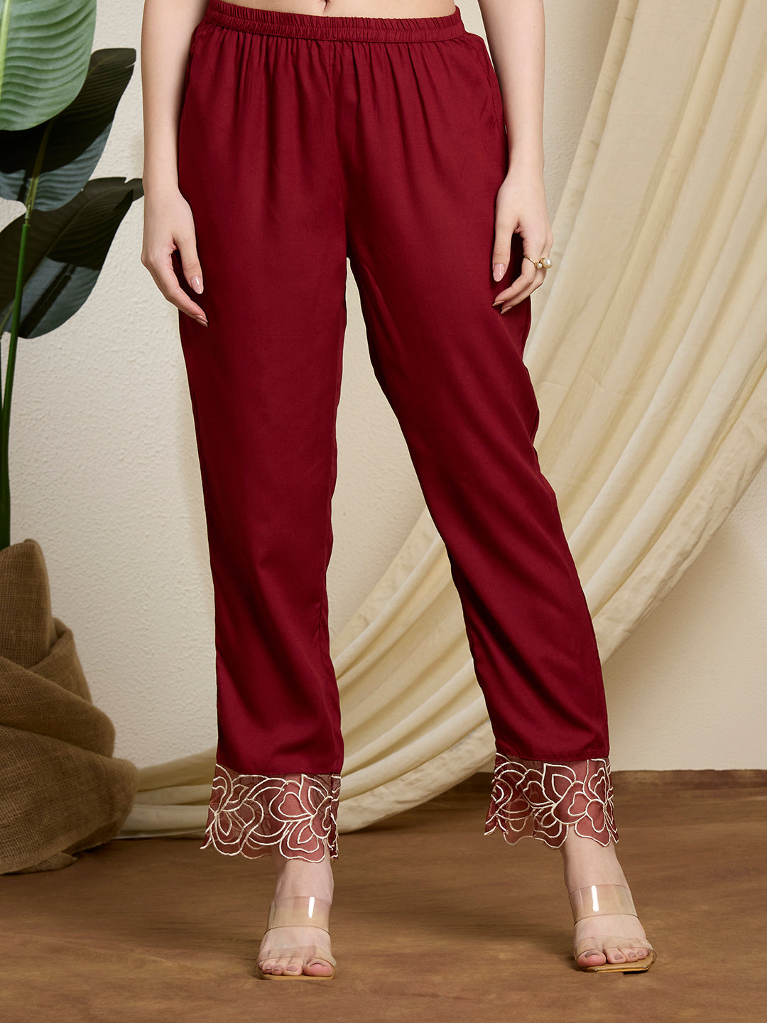 Solid Abstract Floral Threadwork Embroidered Straight Kurta with Pant - Maroon