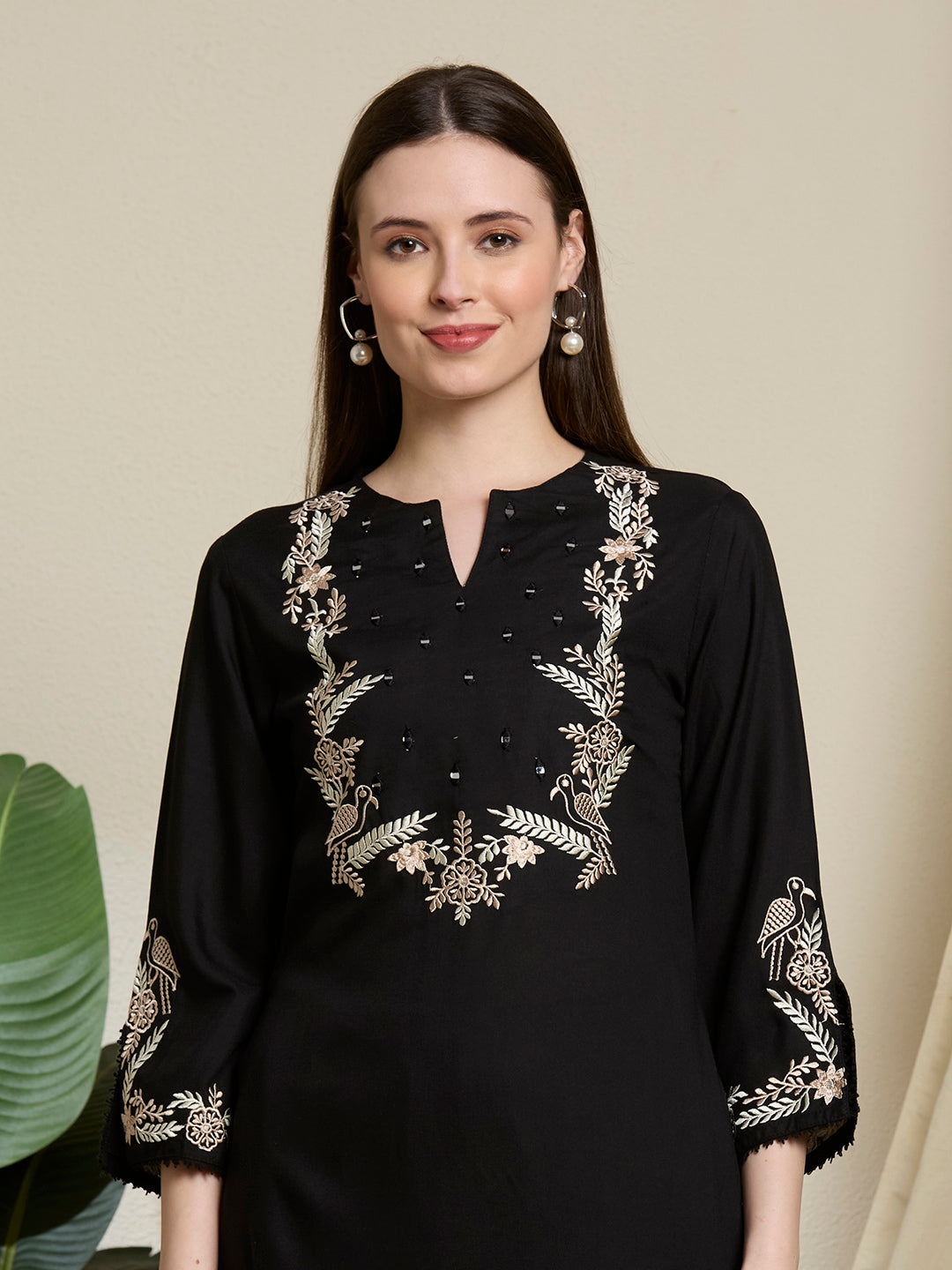 Floral Threadwork Embroidered Straight Fit Co-ord Set - Black