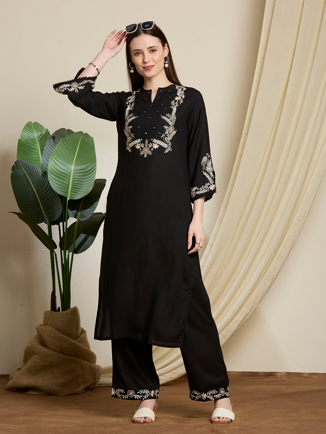 Floral Threadwork Embroidered Straight Fit Co-ord Set - Black