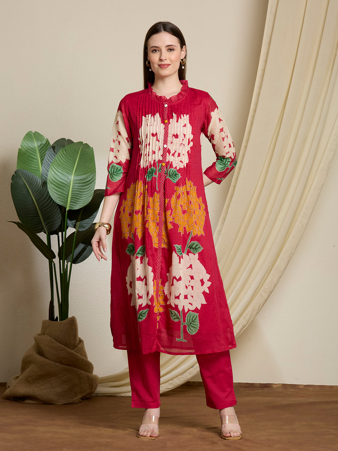 Abstract Floral Printed A-Line Pleated Kurta with Pant - Rani
