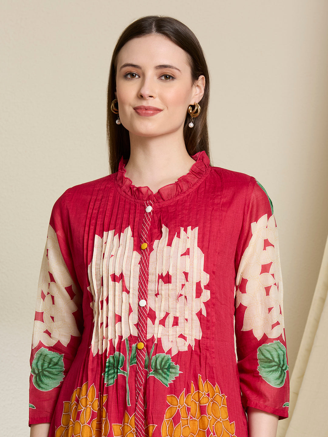 Abstract Floral Printed A-Line Pleated Kurta with Pant - Rani