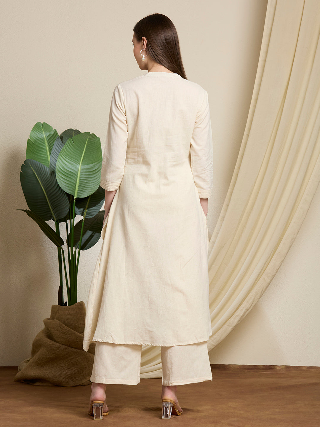 Solid Ostrich Threadwork Embroidered A-Line Co-ord Set - Off White