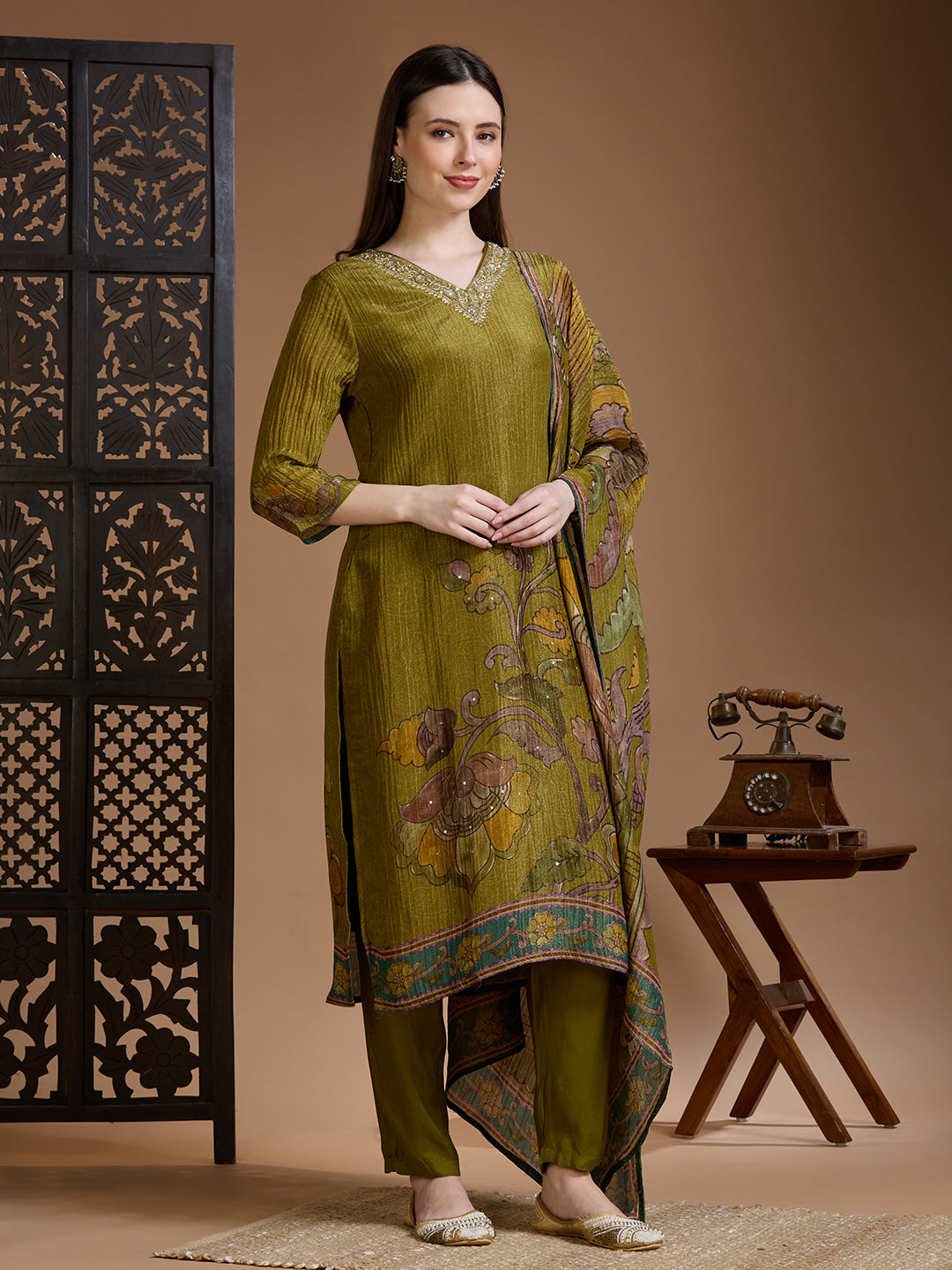 Festive Floral Printed Embroidered Tissue Kurta with Pant & Dupatta - Green