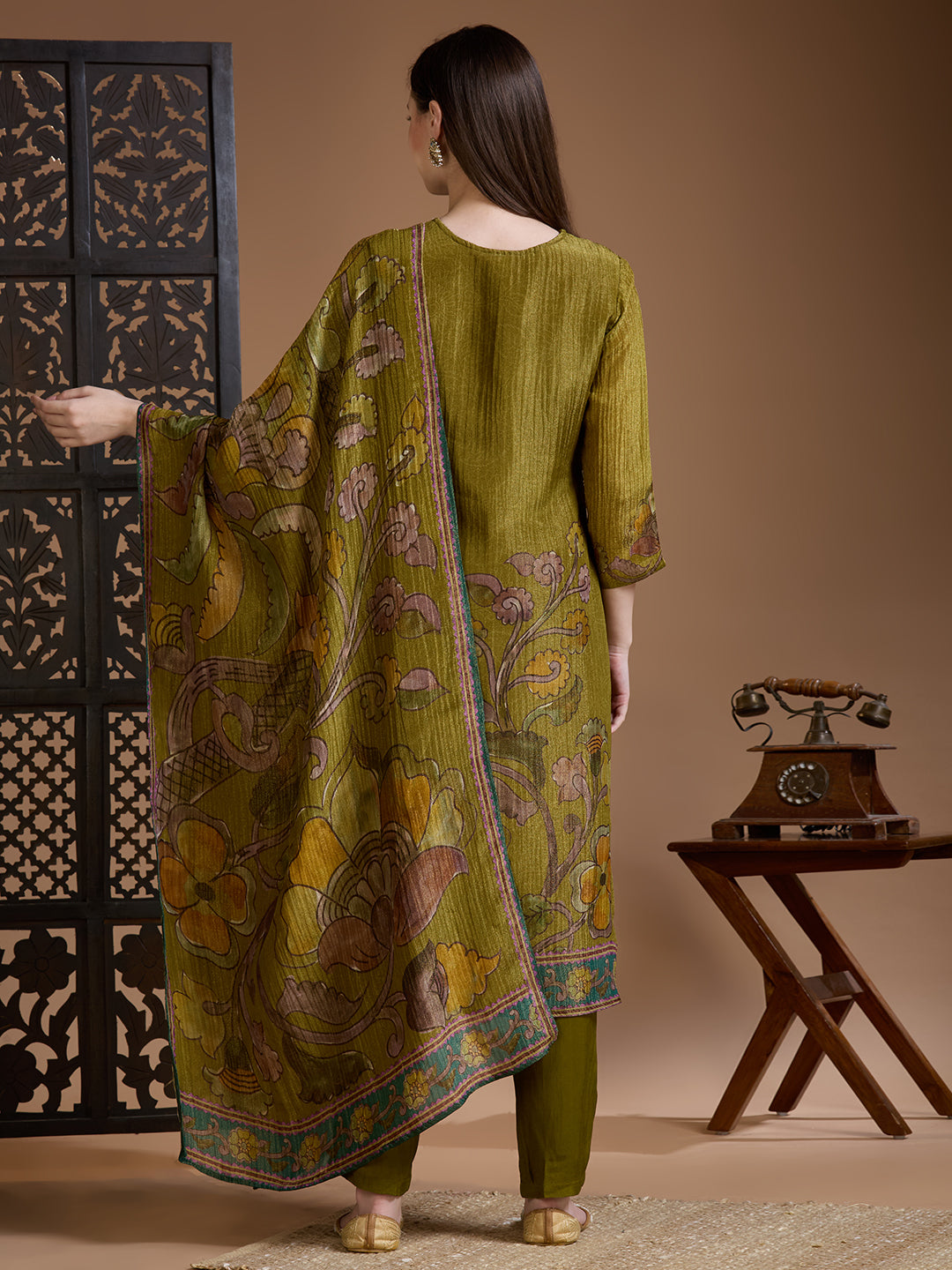 Festive Floral Printed Embroidered Tissue Kurta with Pant & Dupatta - Green