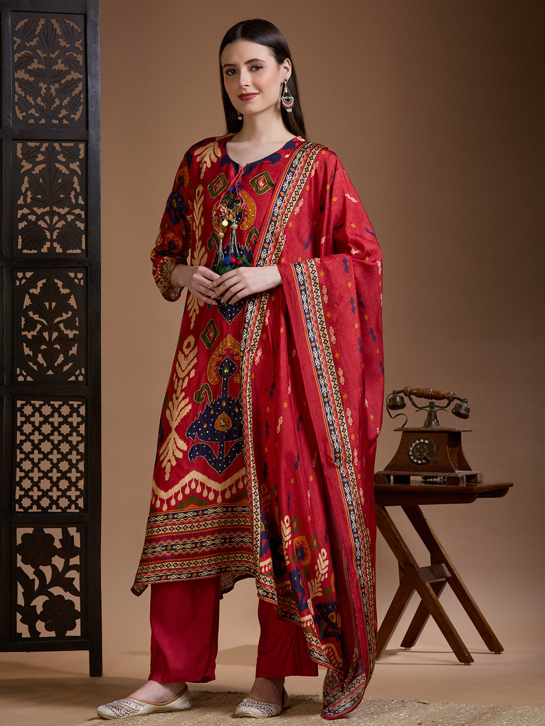 Festive Ikat Printed Embroidered Straight Kurta with Pant & Dupatta - Red