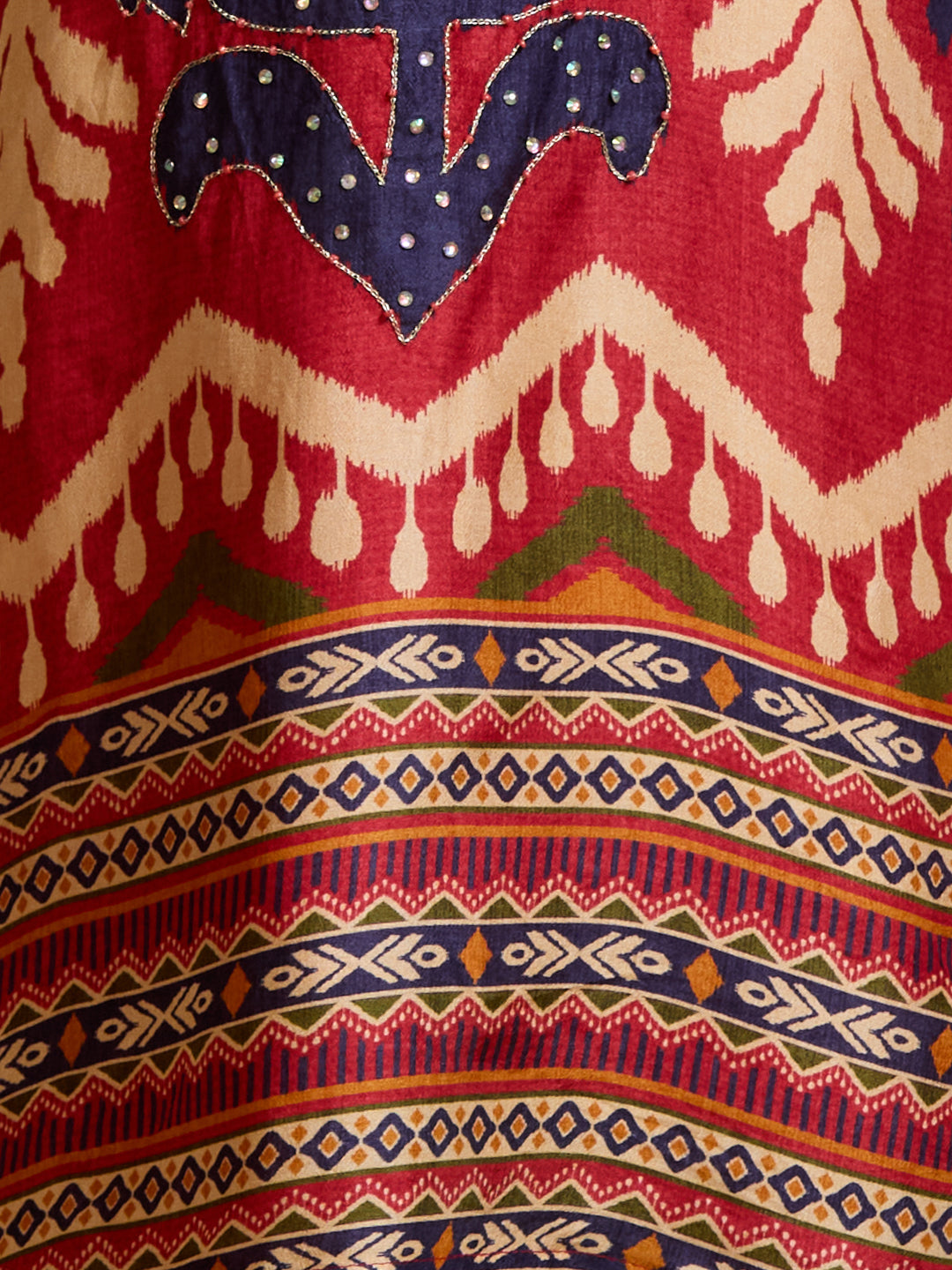 Festive Ikat Printed Embroidered Straight Kurta with Pant & Dupatta - Red