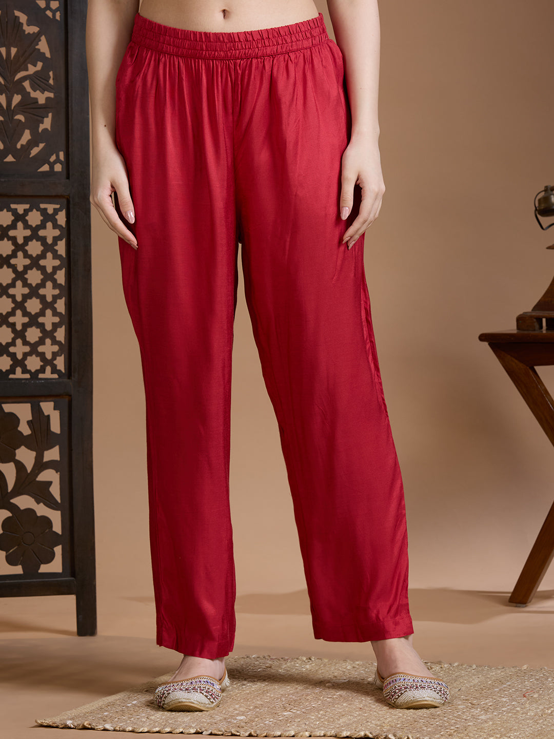 Festive Ikat Printed Embroidered Straight Kurta with Pant & Dupatta - Red