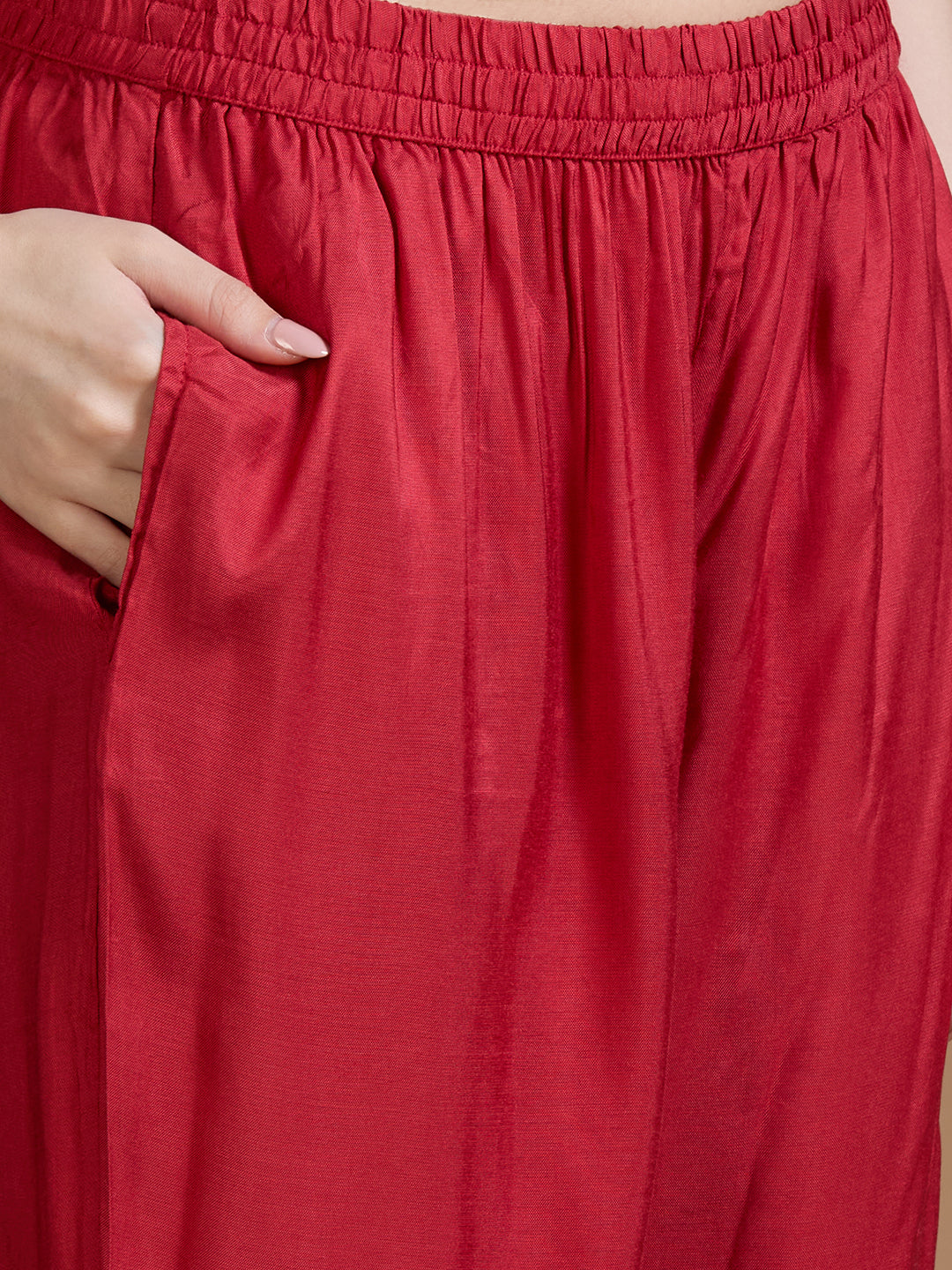 Festive Ikat Printed Embroidered Straight Kurta with Pant & Dupatta - Red