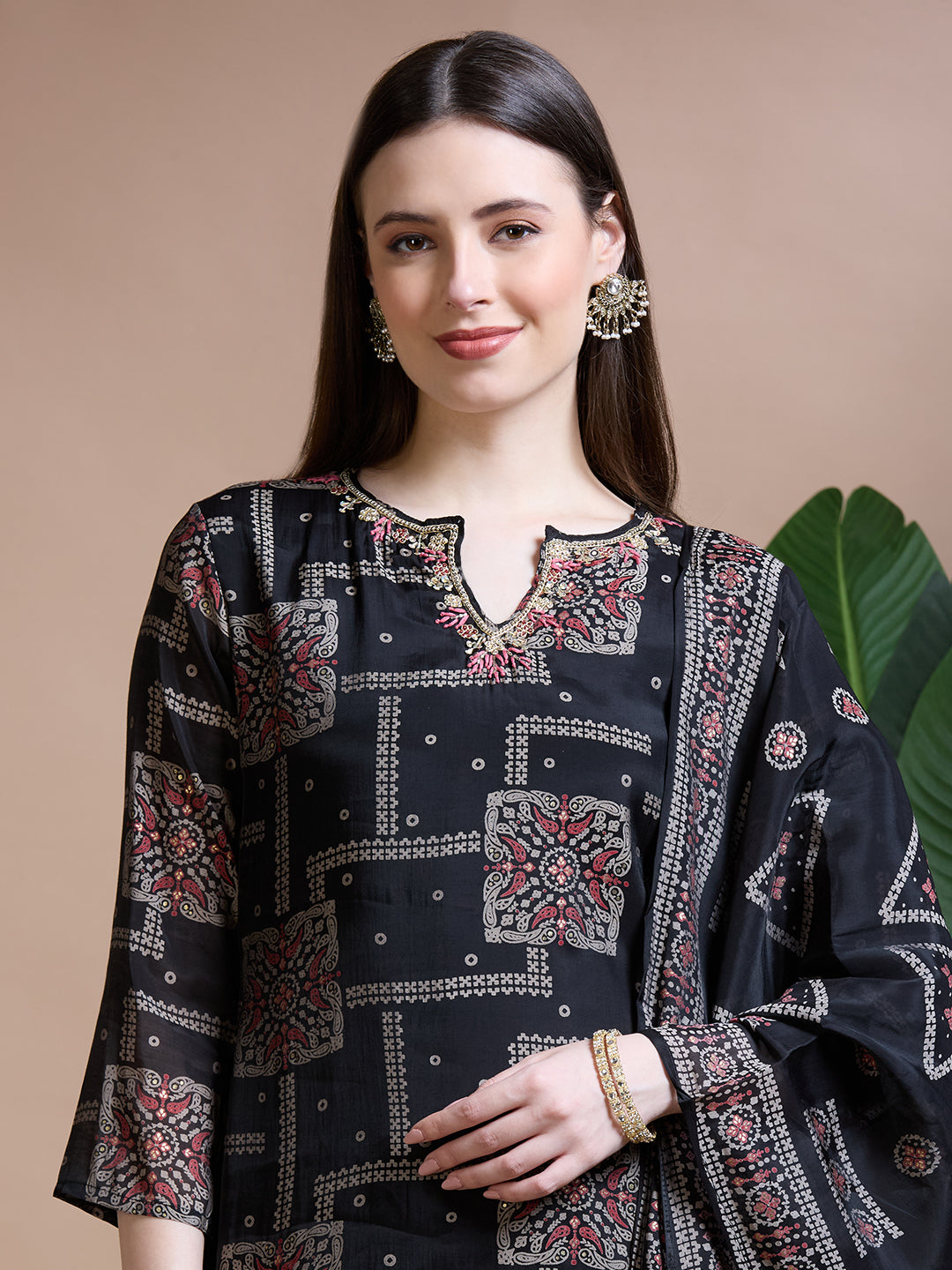 Ethnic Printed & Embroidered Straight Kurta with Pant & Duaptta - Black